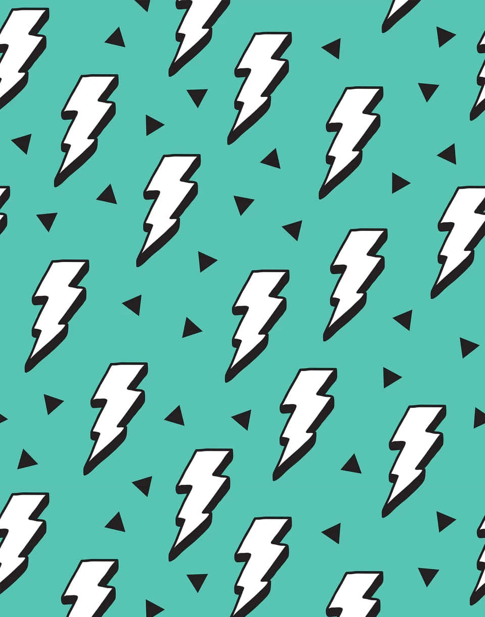 Lightning Bolt 桌布 壁紙 — 充滿活力的青綠色背景，帶有醒目的白色閃電和散落的黑色三角形，形成重複圖案。