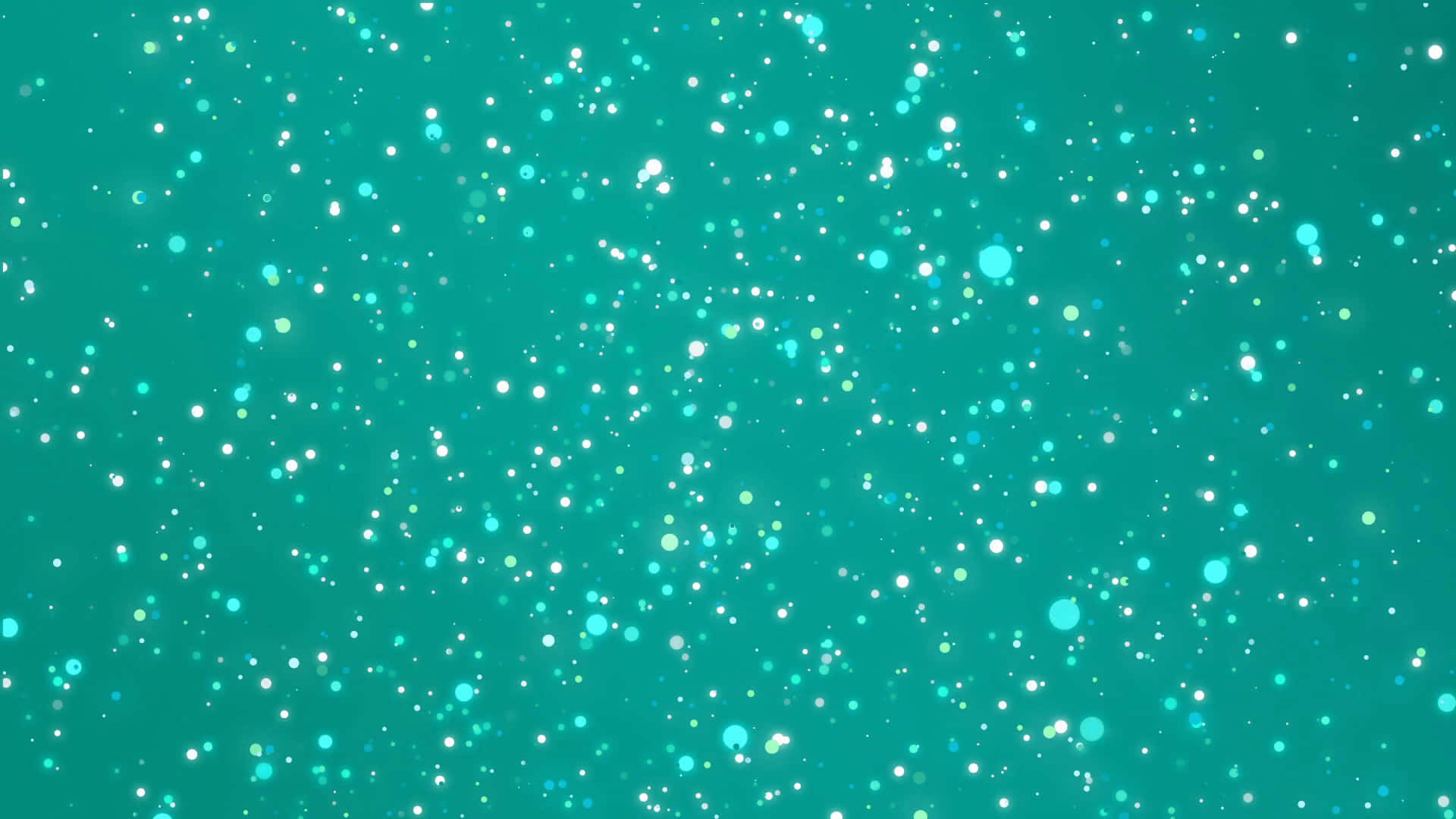 Teal Glitter 桌布 壁紙 — 充滿活力的青綠色背景，點綴著閃爍的白色和淺藍色亮粉粒子，輕輕飄浮。