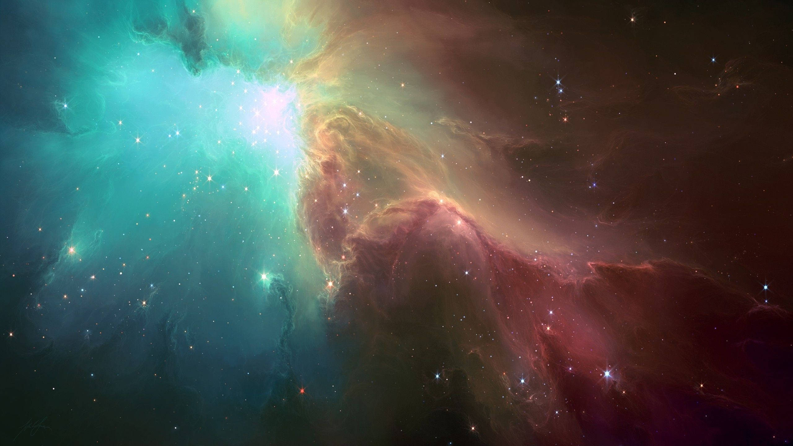 銀河 桌布 壁紙 — 充滿活力的青綠色與深紅色宇宙雲層，環繞著壯麗星雲中璀璨的恆星旋轉。