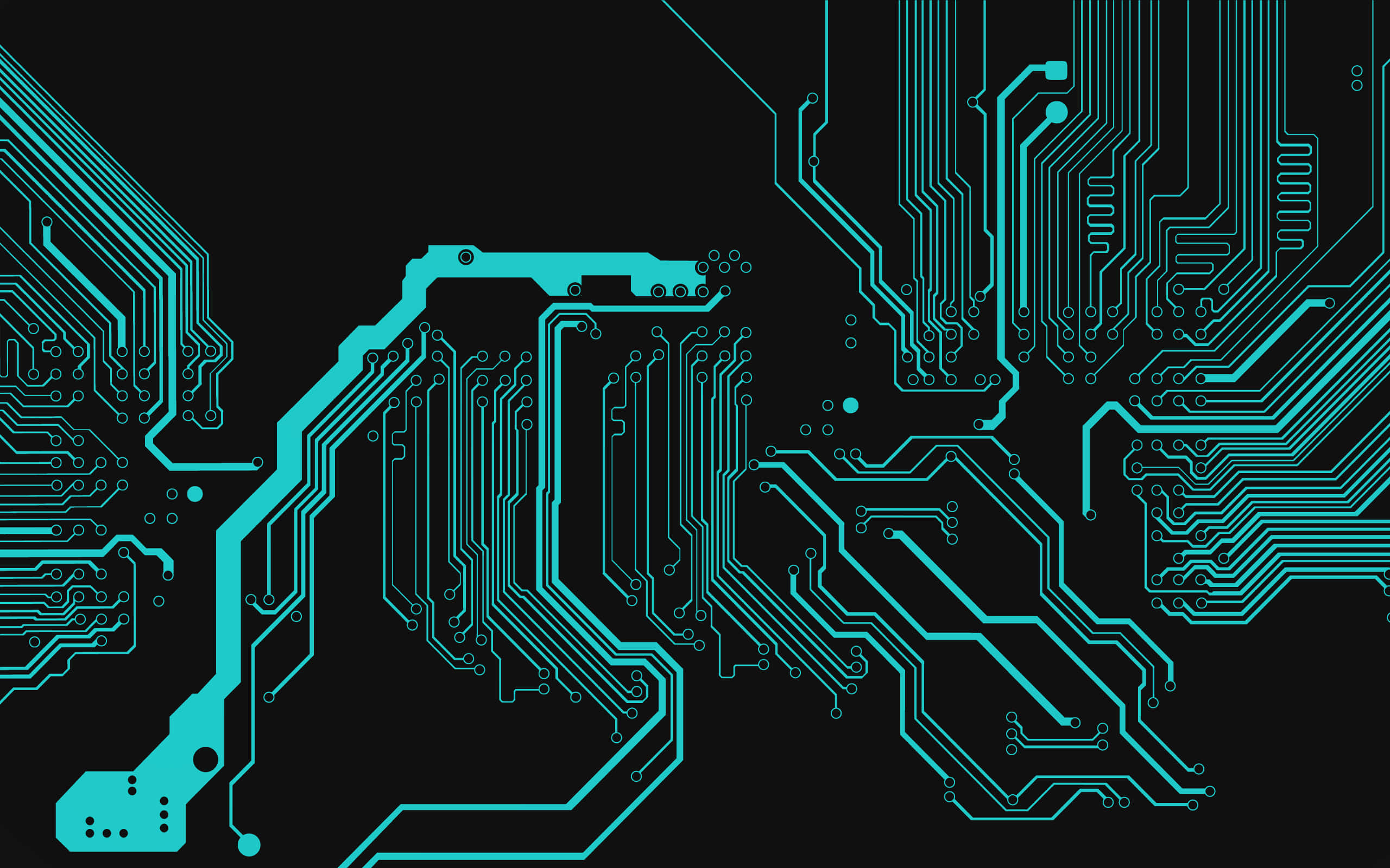 Circuit 桌布 壁紙 — 充滿活力的青綠色電路板路徑在未來主義的數位設計中，在鮮明的黑色背景上發光。