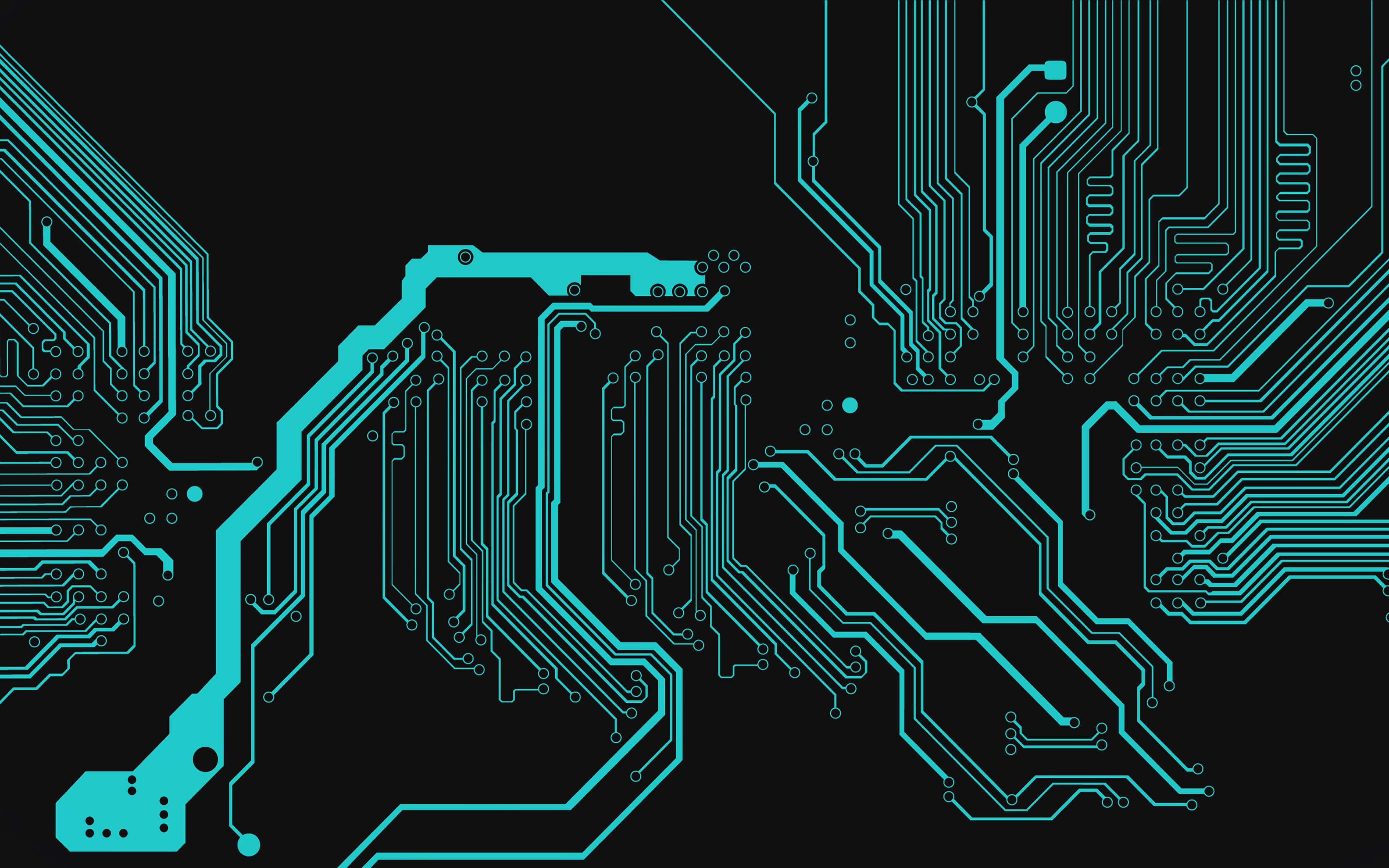 Circuit 桌布 壁紙 — 充滿活力的青綠色電路板路徑在漆黑的背景上發光，呈現未來科技設計。