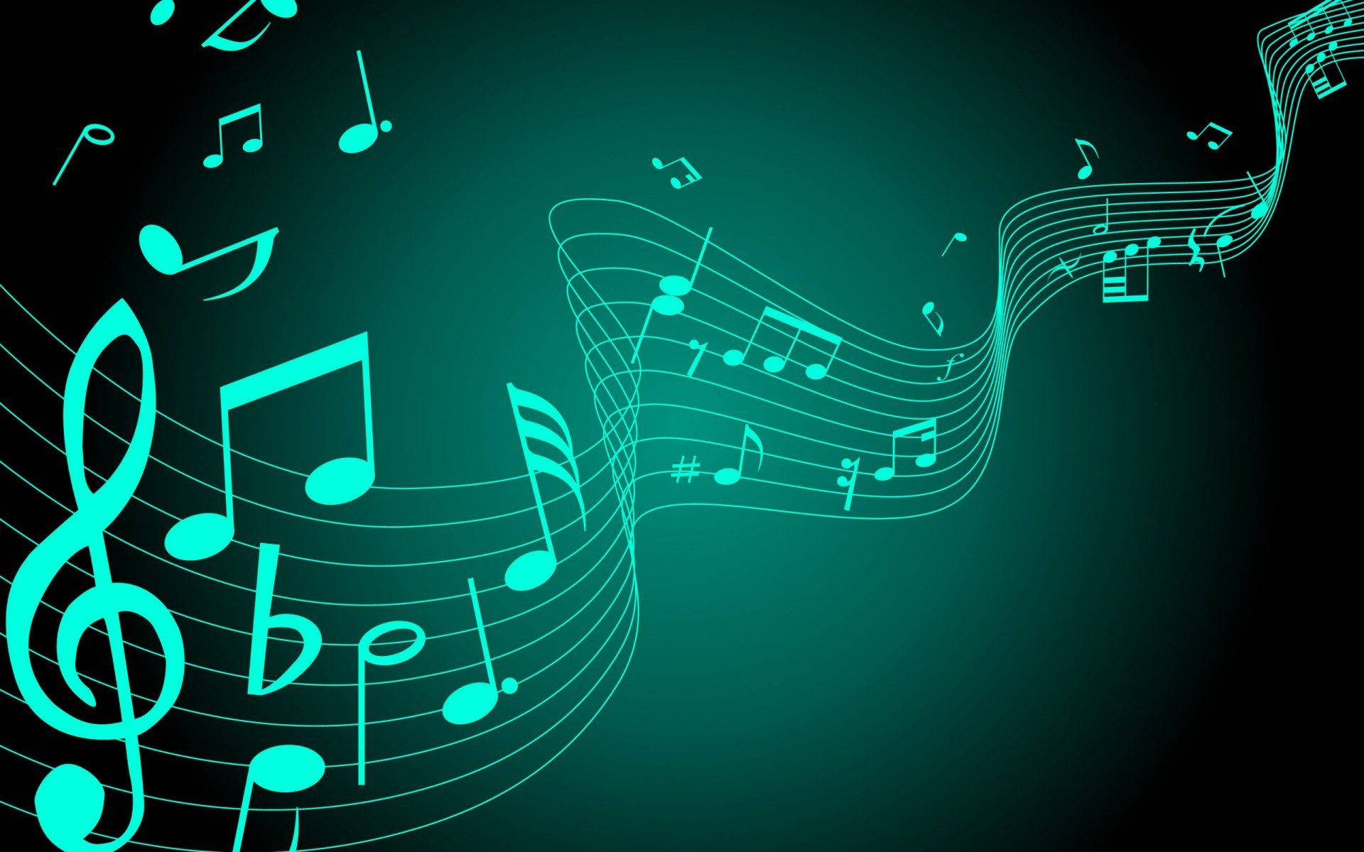 Beautiful Music 桌布 壁紙 — 充滿活力的青綠色音符和五線譜在深色漸變背景上動態旋轉。
