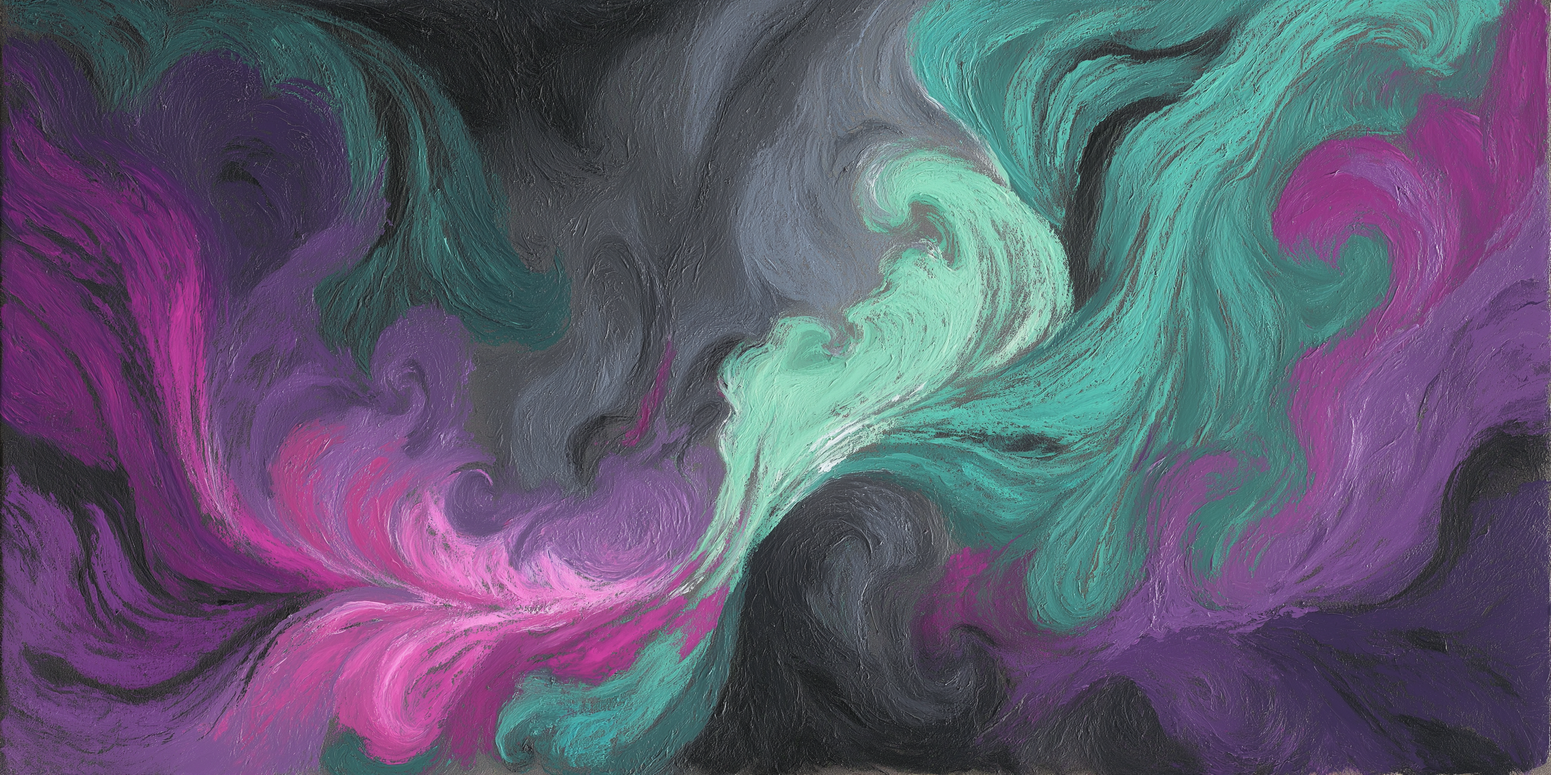 pastel 桌布 壁紙 — 充滿活力的青色、洋紅色和紫色漩渦在深灰色背景上動態流動。