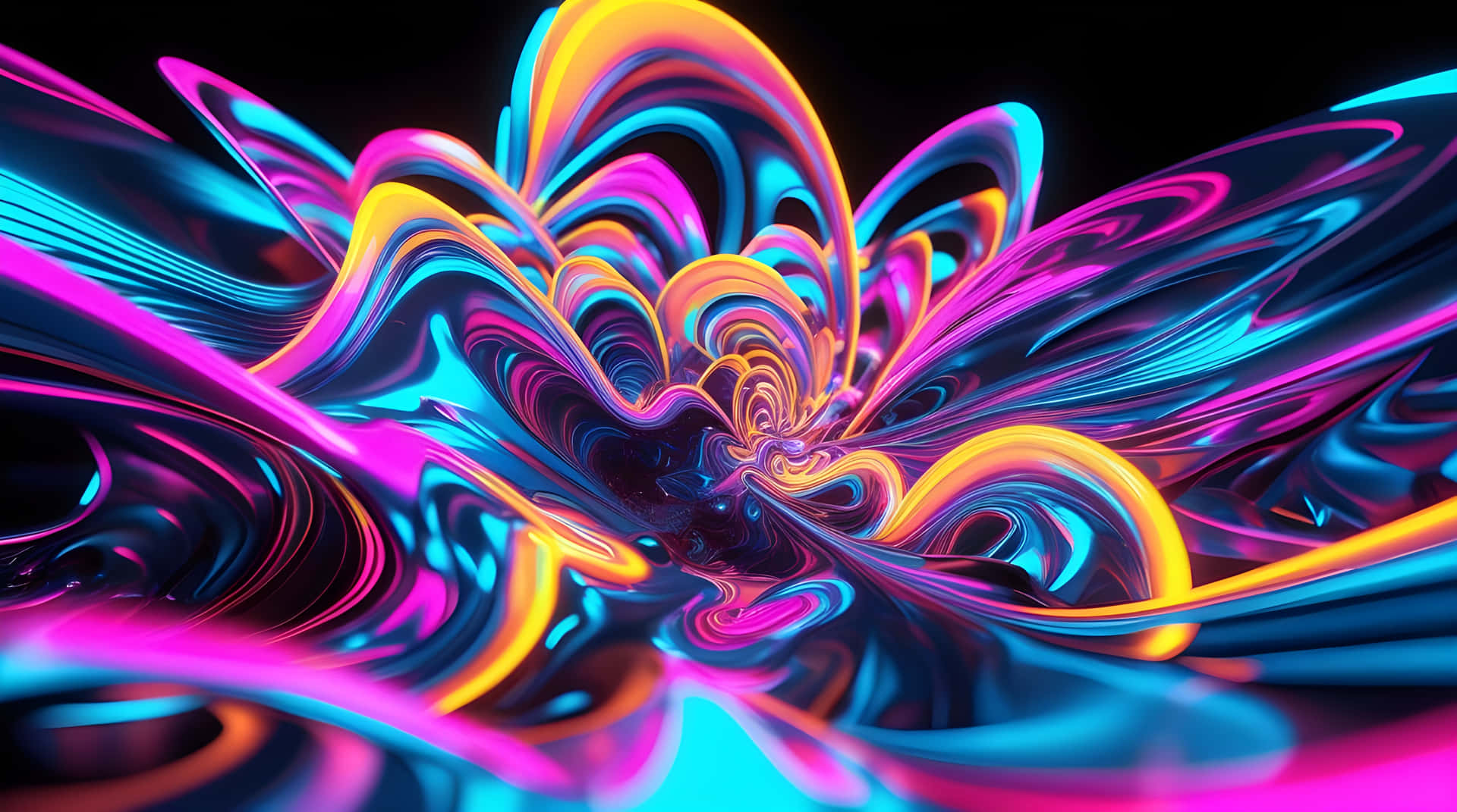 The colorful abstract background wallpaper 壁紙 — 充滿活力的青色、洋紅色和金色霓虹漩渦在黑色背景上動態流動，形成迷人的數位漩渦。
