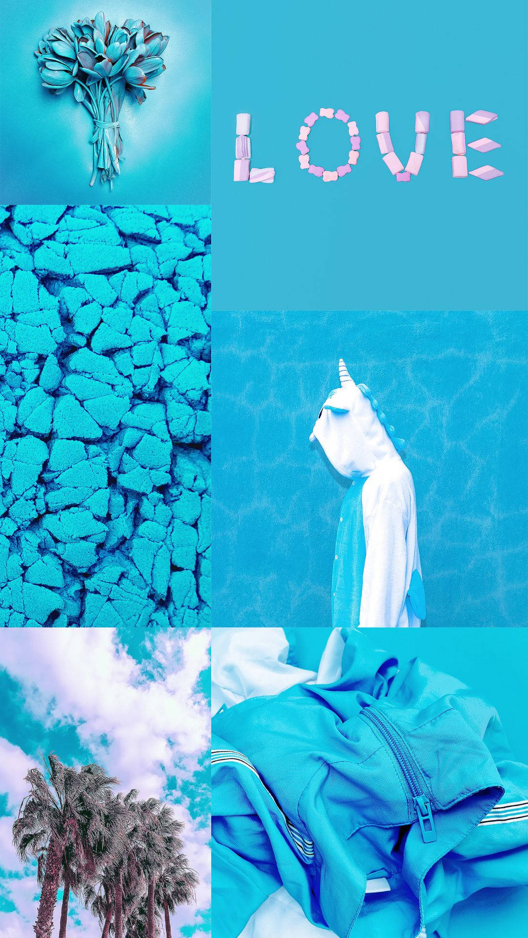 Cute Light Blue 桌布 壁紙 — 充滿活力的青色拼貼畫，特色包括水中的獨角獸、LOVE 文字藝術、棕櫚樹、夾克和花束。