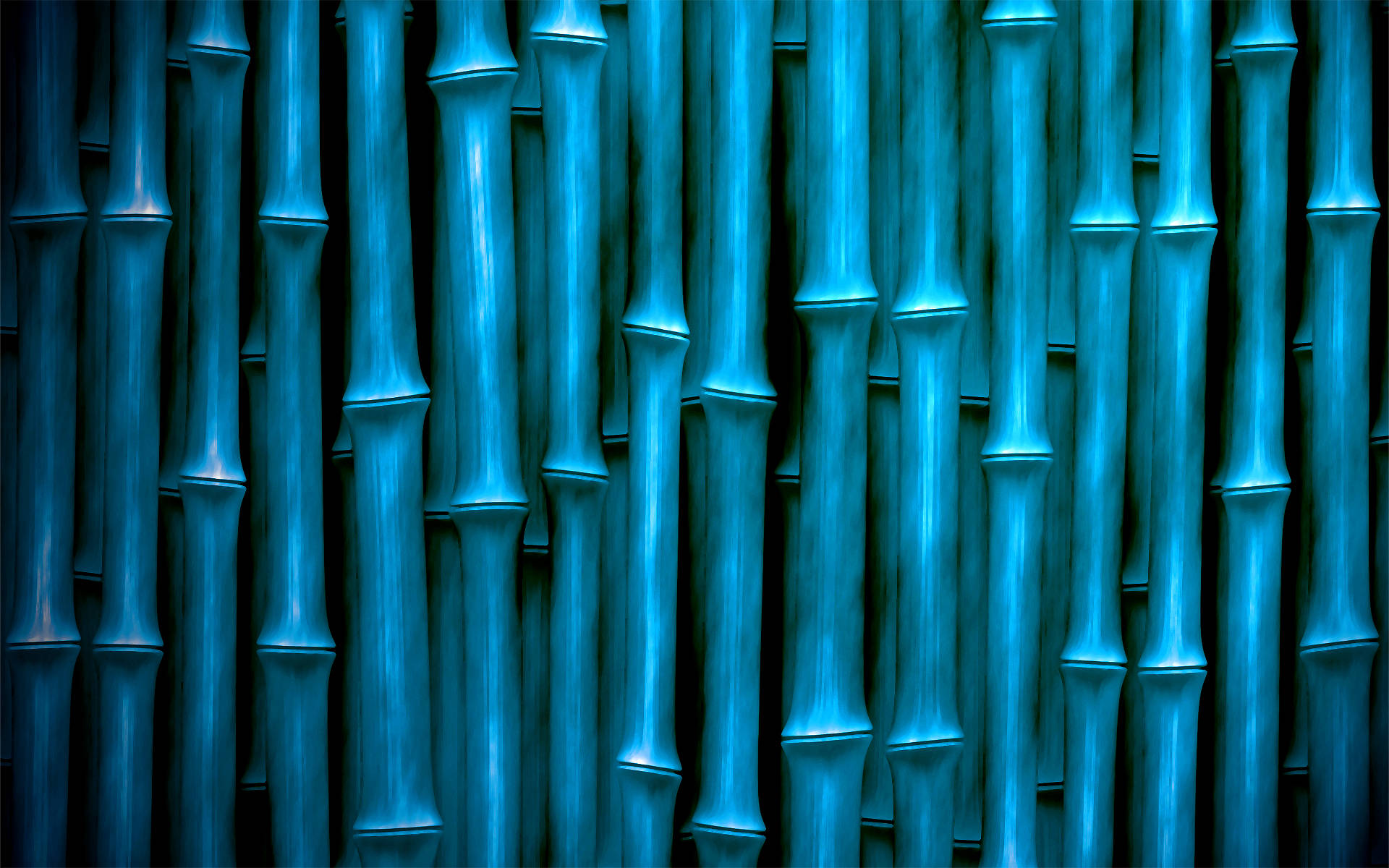 Bamboo HD 桌布 壁紙 — 充滿活力的青色竹莖在深色背景下形成密集的垂直行，營造出酷炫的抽象圖案。