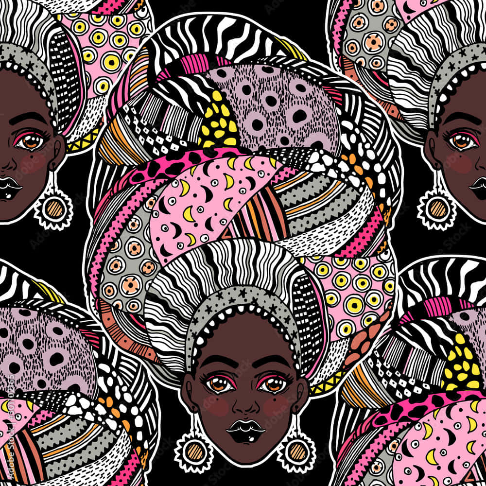 Nigeria 桌布 壁紙 — 充滿活力的非洲女性插圖圖案，帶有複雜的頭巾和黑色背景上大膽的幾何設計。