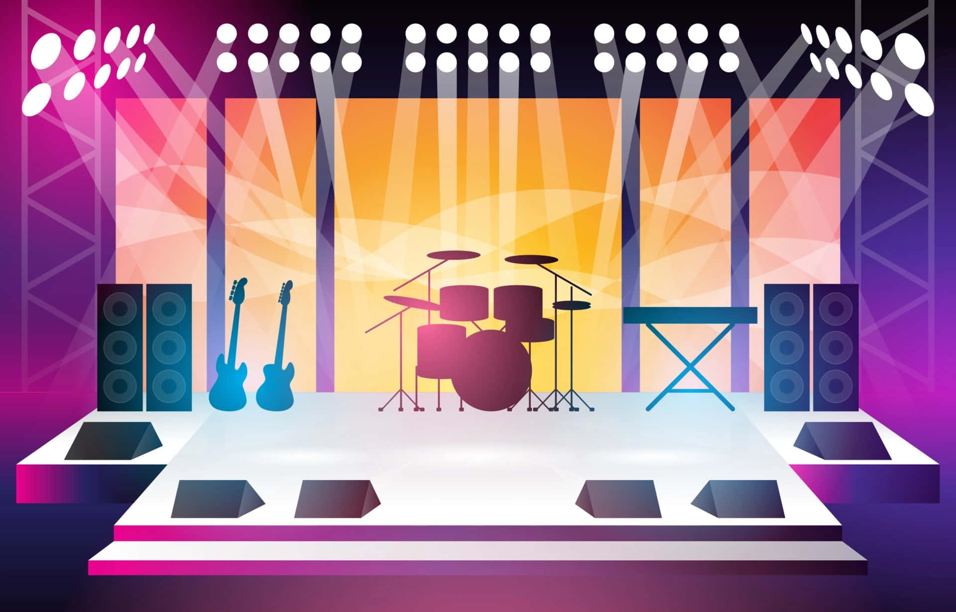 Stage 桌布 壁紙 — 充滿活力的音樂會舞台，配有爵士鼓、吉他及聚光燈，背景為色彩繽紛的幾何圖案。