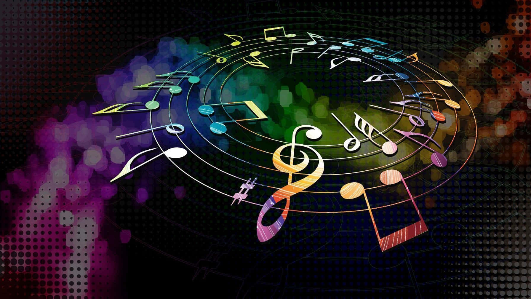 Music Notes 桌布 壁紙 — 充滿活力的音符和符號在黑暗的點狀背景上以色彩繽紛的圓形圖案旋轉，並帶有發光散景效果。