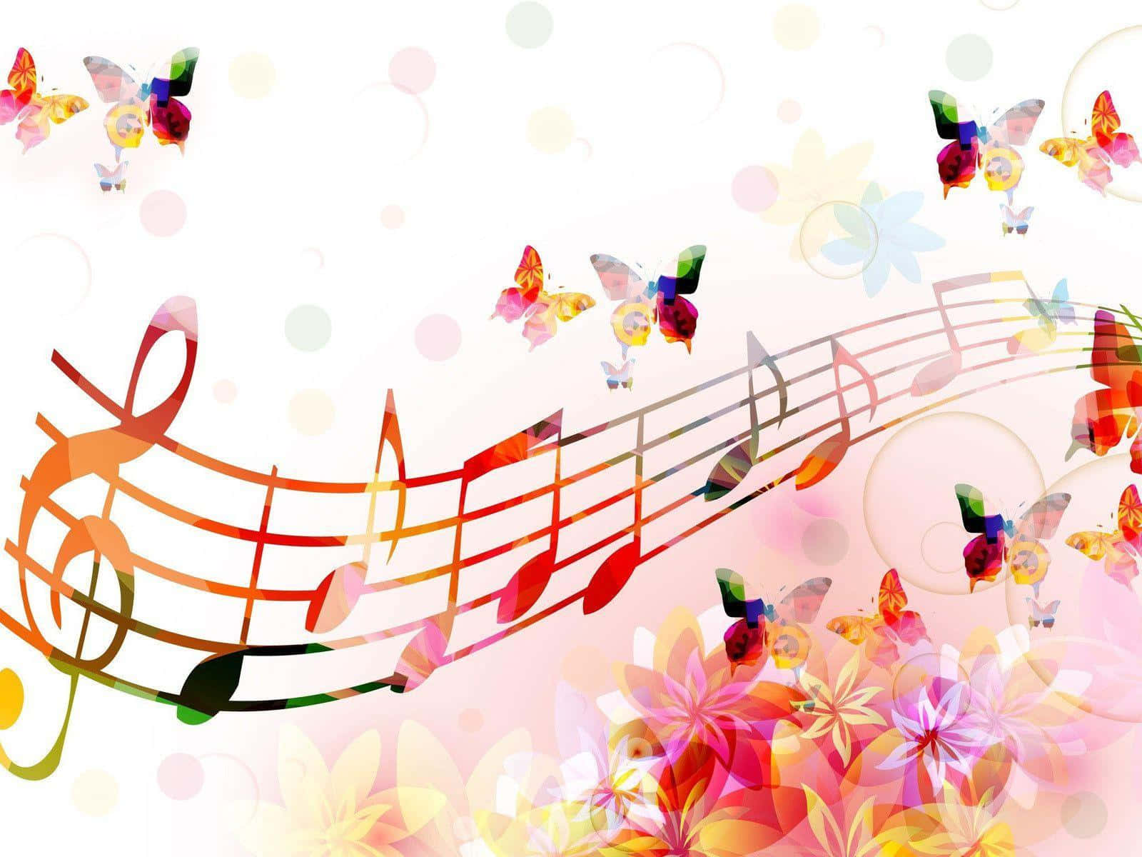 Musical 桌布 壁紙 — 充滿活力的音符和色彩繽紛的蝴蝶在柔和的花卉圖案中舞動，背景為粉彩漸變色。