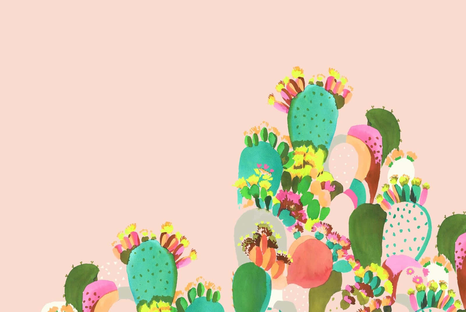 Cactus 桌布 壁紙 — 充滿活力的風格化仙人掌，帶有色彩繽紛的花朵，聚集在柔和的粉紅色背景上，呈現俏皮的插圖。