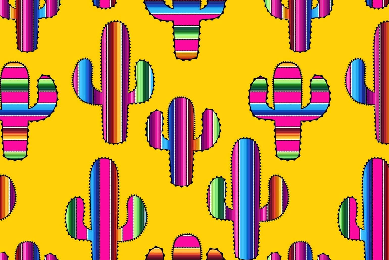 Cinco De Mayo 桌布 壁紙 — 充滿活力的風格化仙人掌帶有彩虹條紋，在鮮黃色背景上重複形成俏皮圖案。