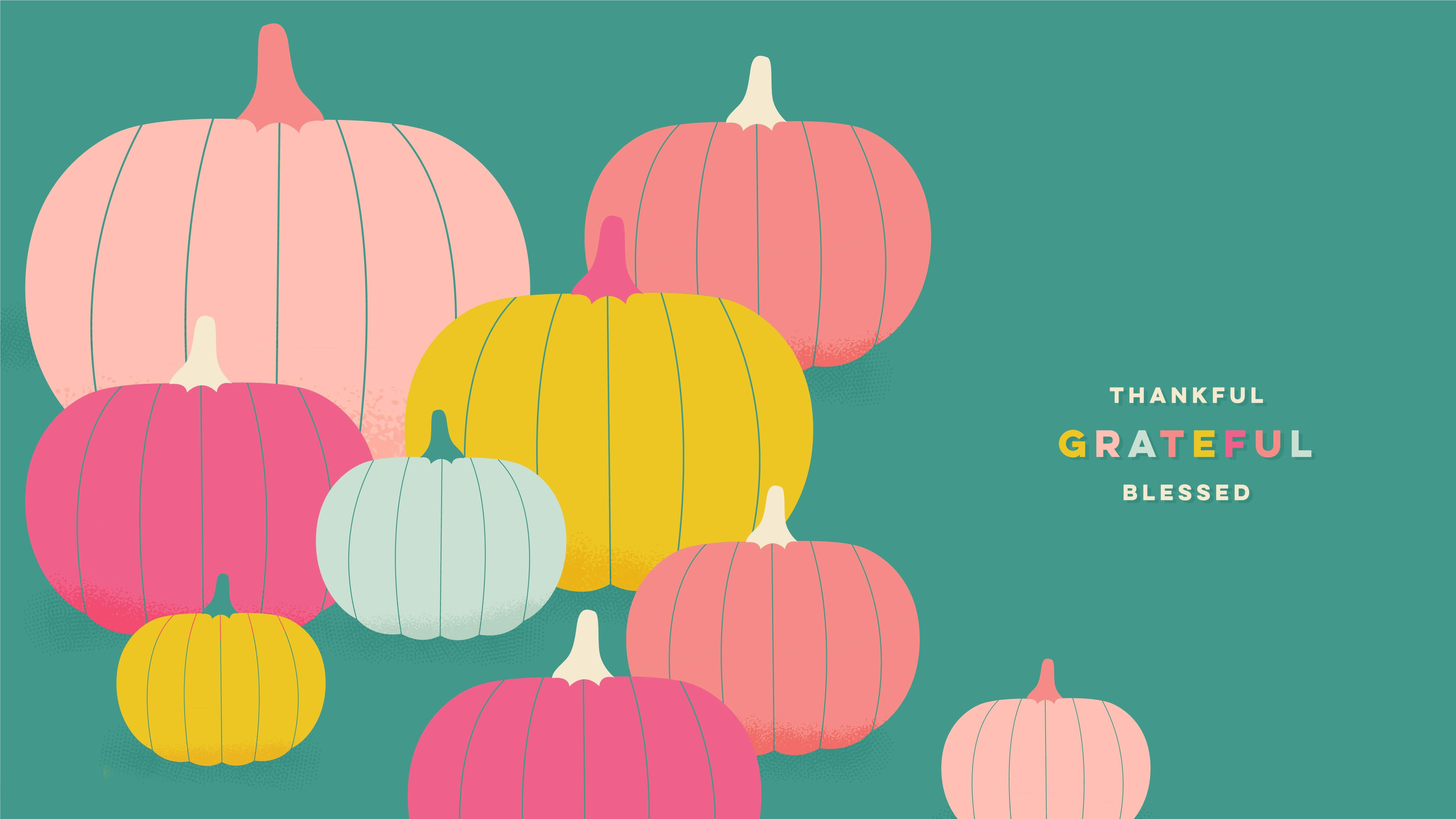 Hello October With Pumpkin 桌布 壁紙 — 充滿活力的風格化南瓜，以粉彩粉紅、黃色和薄荷色漂浮在青綠色背景上，帶有 thankful grateful blessed 文字。