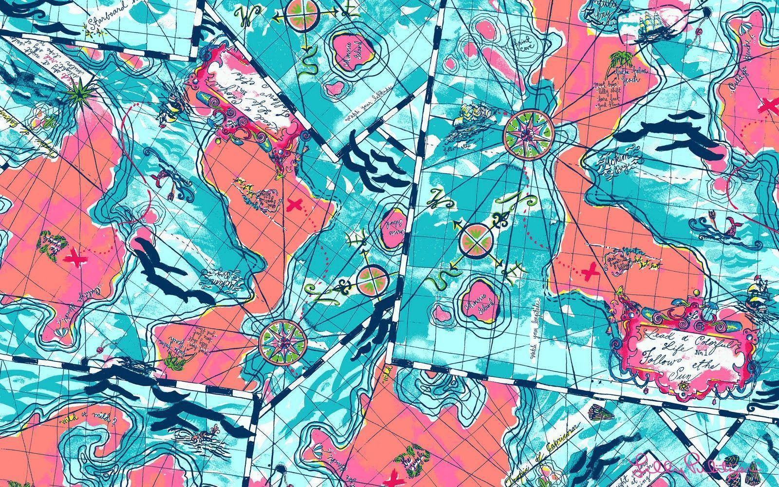 Map 桌布 壁紙 — 充滿活力的風格化地圖，以綠松石和珊瑚色陸地為特色，點綴著奇特的指南玫瑰和手寫筆記。