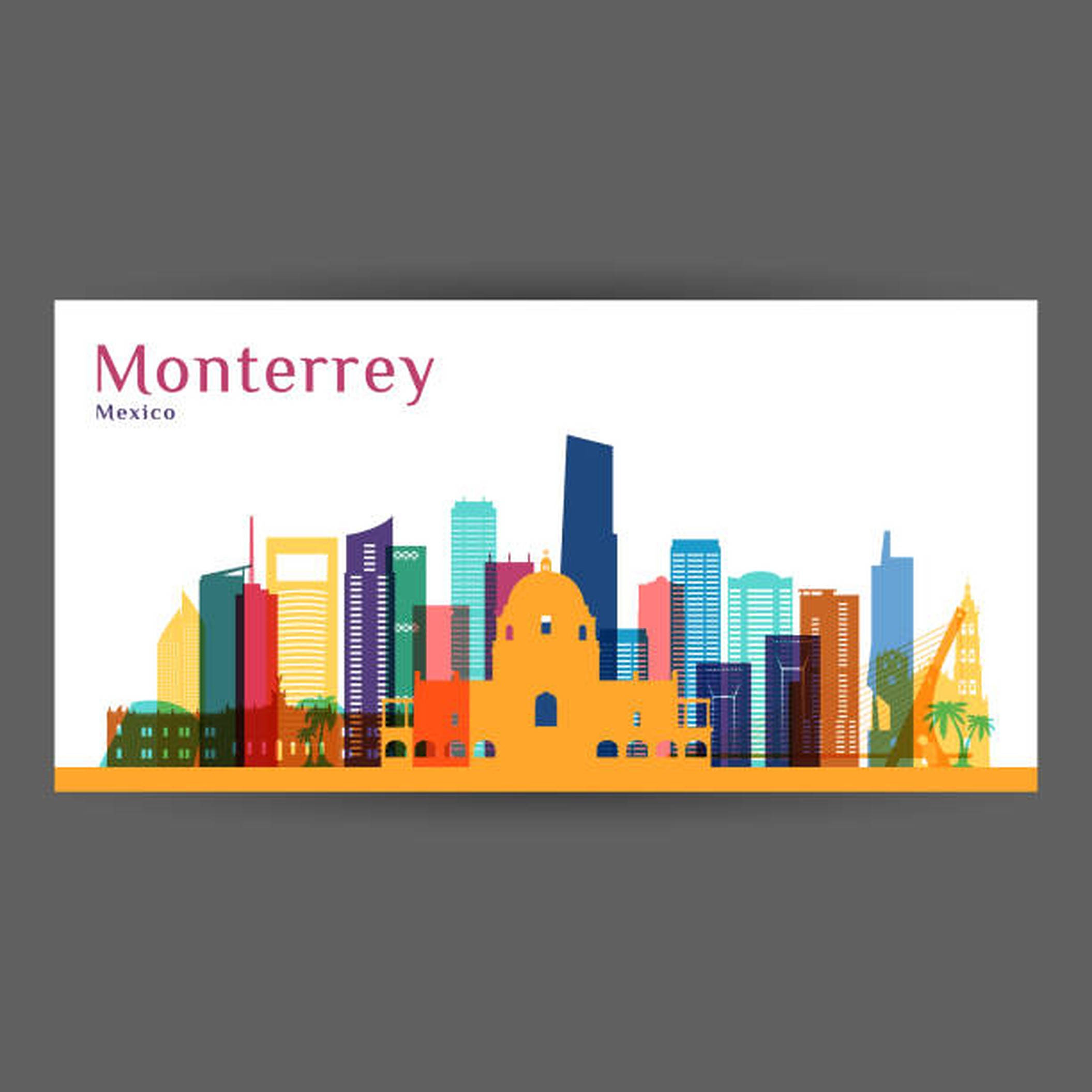 Monterrey 桌布 壁紙 — 充滿活力的風格化墨西哥蒙特雷天際線，以白色背景襯托色彩繽紛的現代摩天大樓和歷史悠久的橙色大教堂。