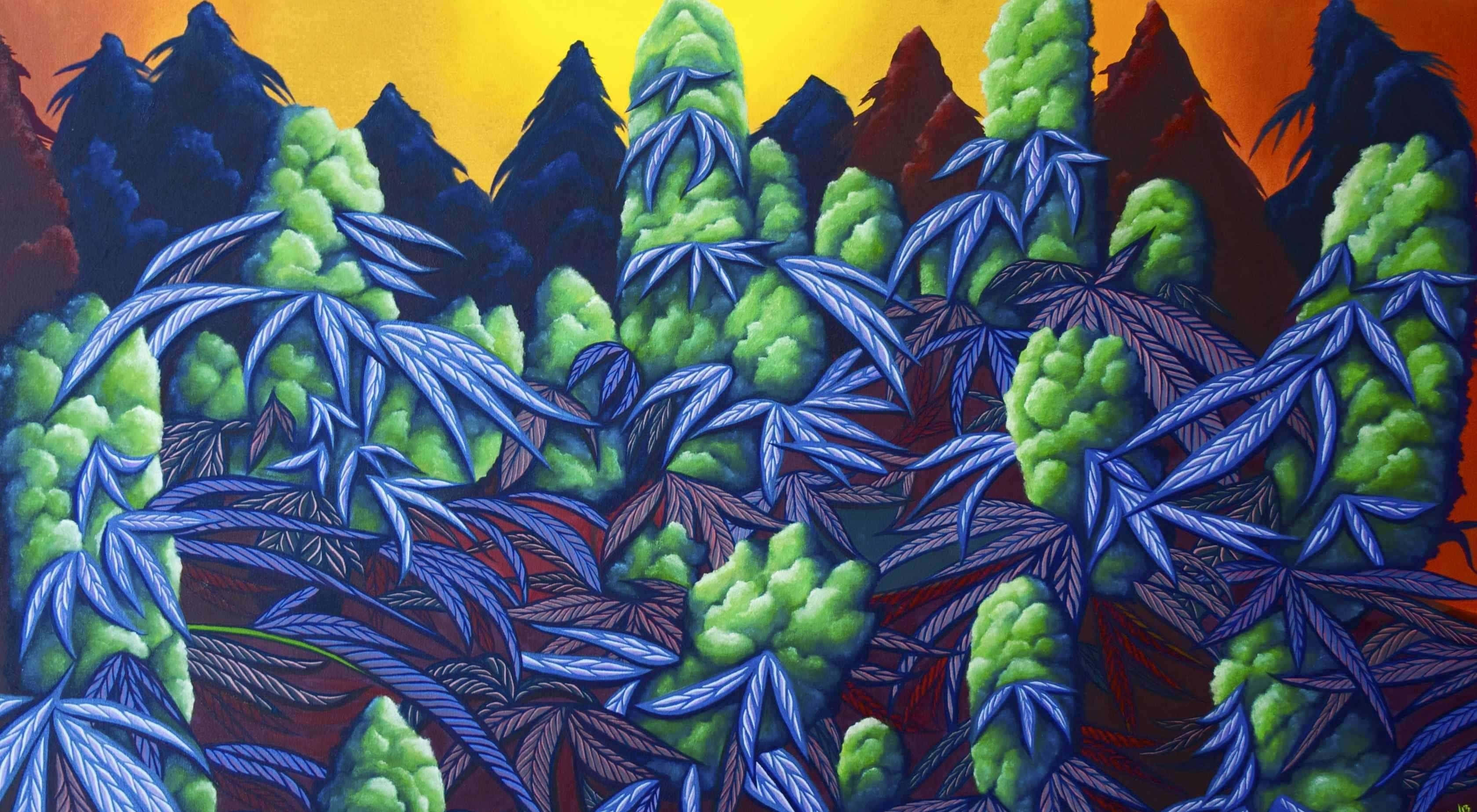 Plant 桌布 壁紙 — 充滿活力的風格化大麻植物，藍色葉子和綠色花蕾，主導著火熱的日落山景。