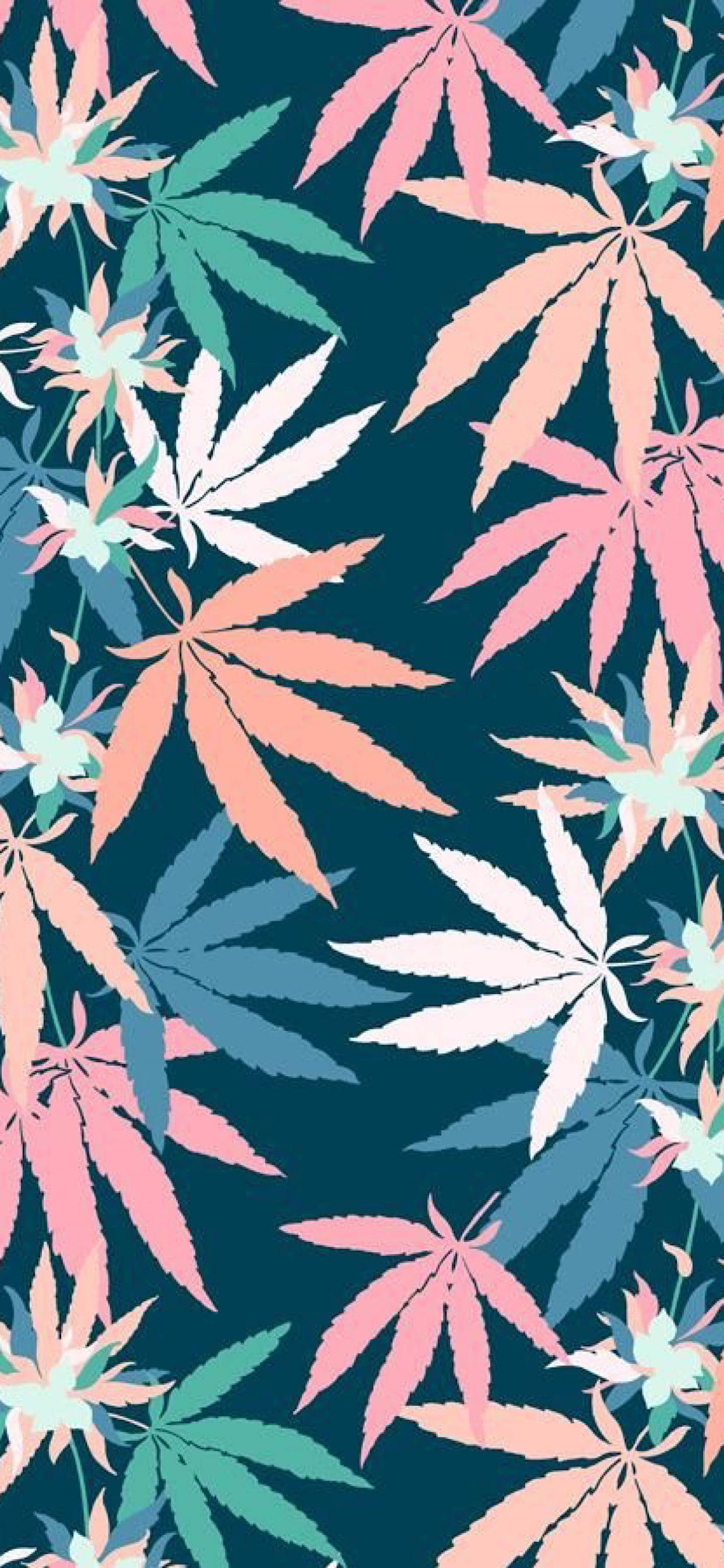 粉紅色 桌布 壁紙 — 充滿活力的風格化大麻葉，以粉彩粉紅、蜜桃和青綠色漂浮在深海軍藍背景上。