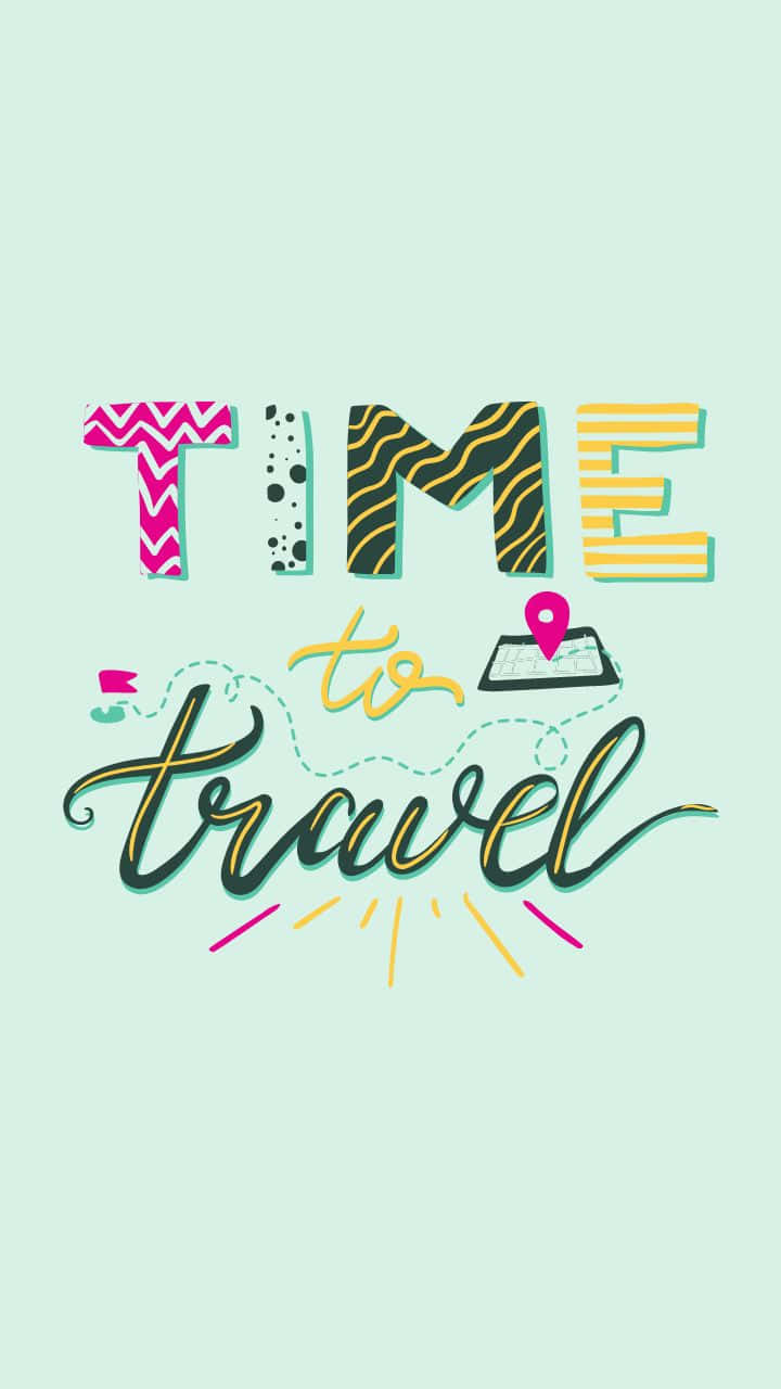Quote 桌布 壁紙 — 充滿活力的風格化文字顯示「TIME to travel」，帶有圖案字母和地圖圖釘，背景為薄荷色。