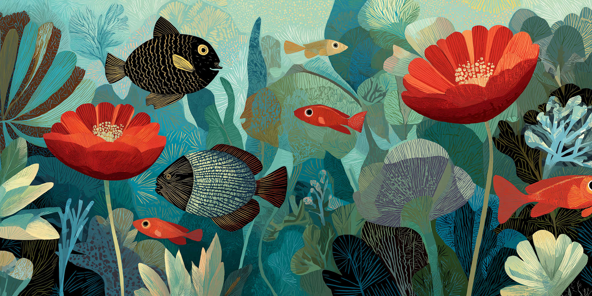 Illustrated Aquatic Garden 壁紙 — 充滿活力的風格化水下場景，有紅色花朵、珊瑚和魚在藍綠色樹葉間游動。