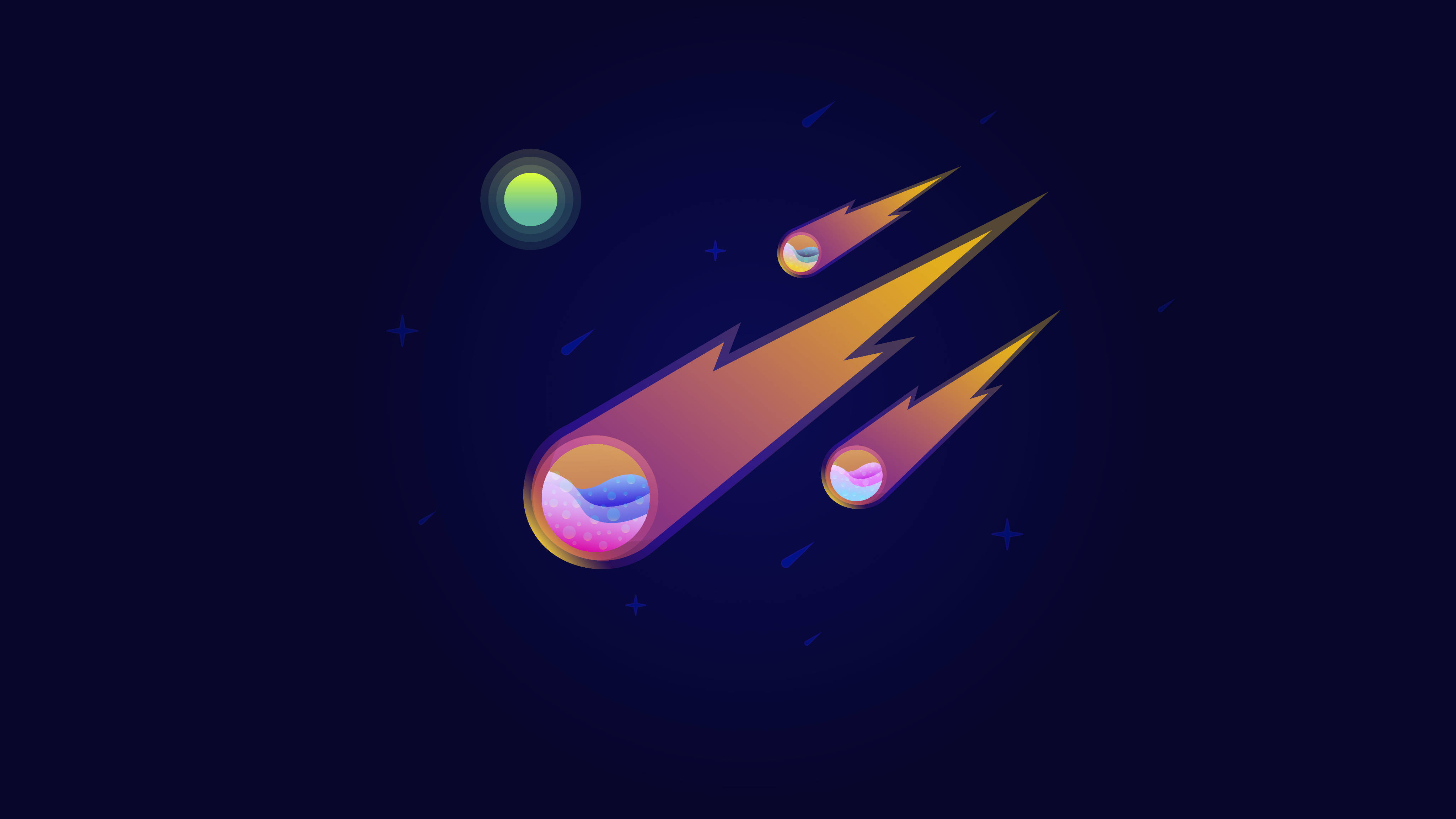 vector 桌布 壁紙 — 充滿活力的風格化流星劃過深藍色的宇宙天空，伴隨著閃爍的星星和一顆遙遠的行星。