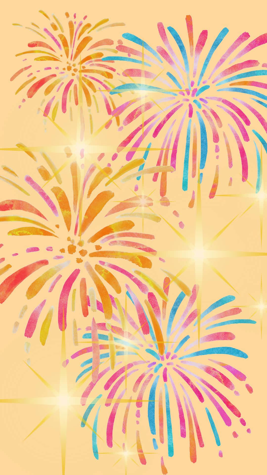 Light pink stars ! 壁紙 — 充滿活力的風格化煙火，以粉紅、藍色和橙色在溫暖的黃色背景上爆炸，伴隨著閃爍的星爆。