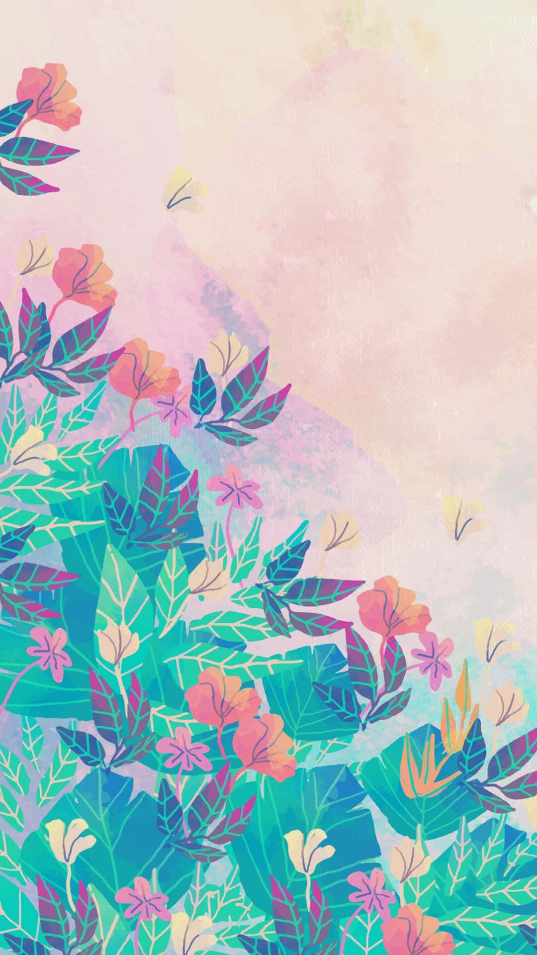 Floral Watercolor 桌布 壁紙 — 充滿活力的風格化熱帶葉子，帶有粉橙色花朵和藍綠色葉子，襯托柔和的粉彩漸變背景。