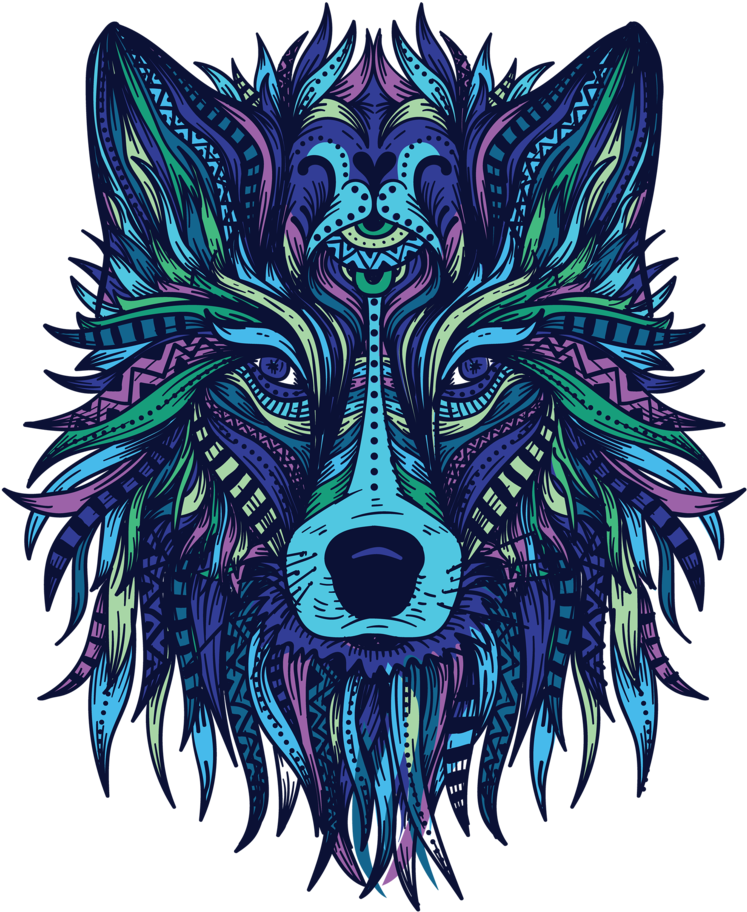 Trippy Art 桌布 壁紙 — 充滿活力的風格化狼頭，帶有複雜的部落圖案，在黑色背景上發出霓虹藍、紫和綠色光芒。