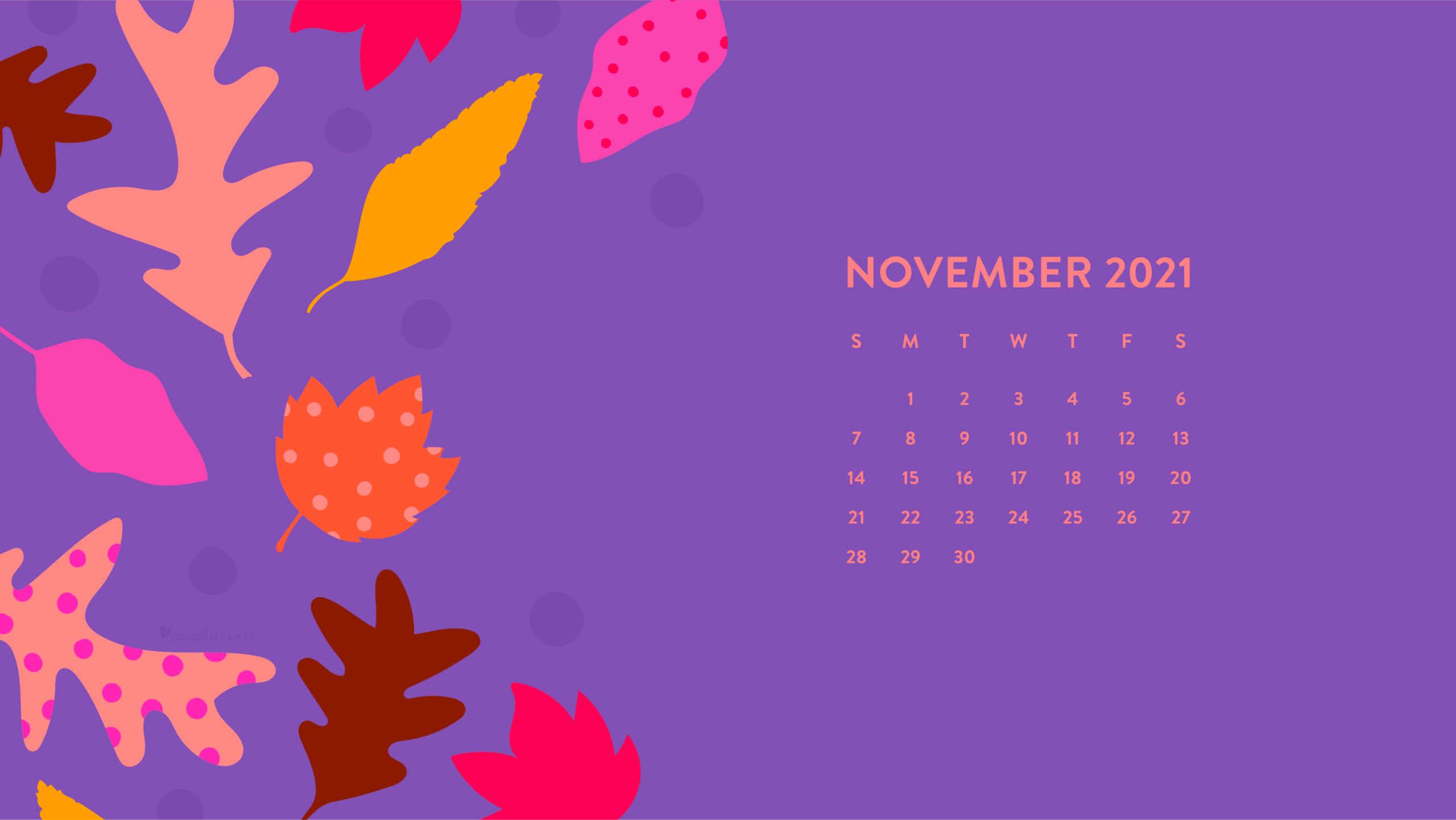 Calendar 桌布 壁紙 — 充滿活力的風格化秋葉，以粉紅、橙色和黃色在紫色背景上飄浮，旁邊是2021年11月的日曆。