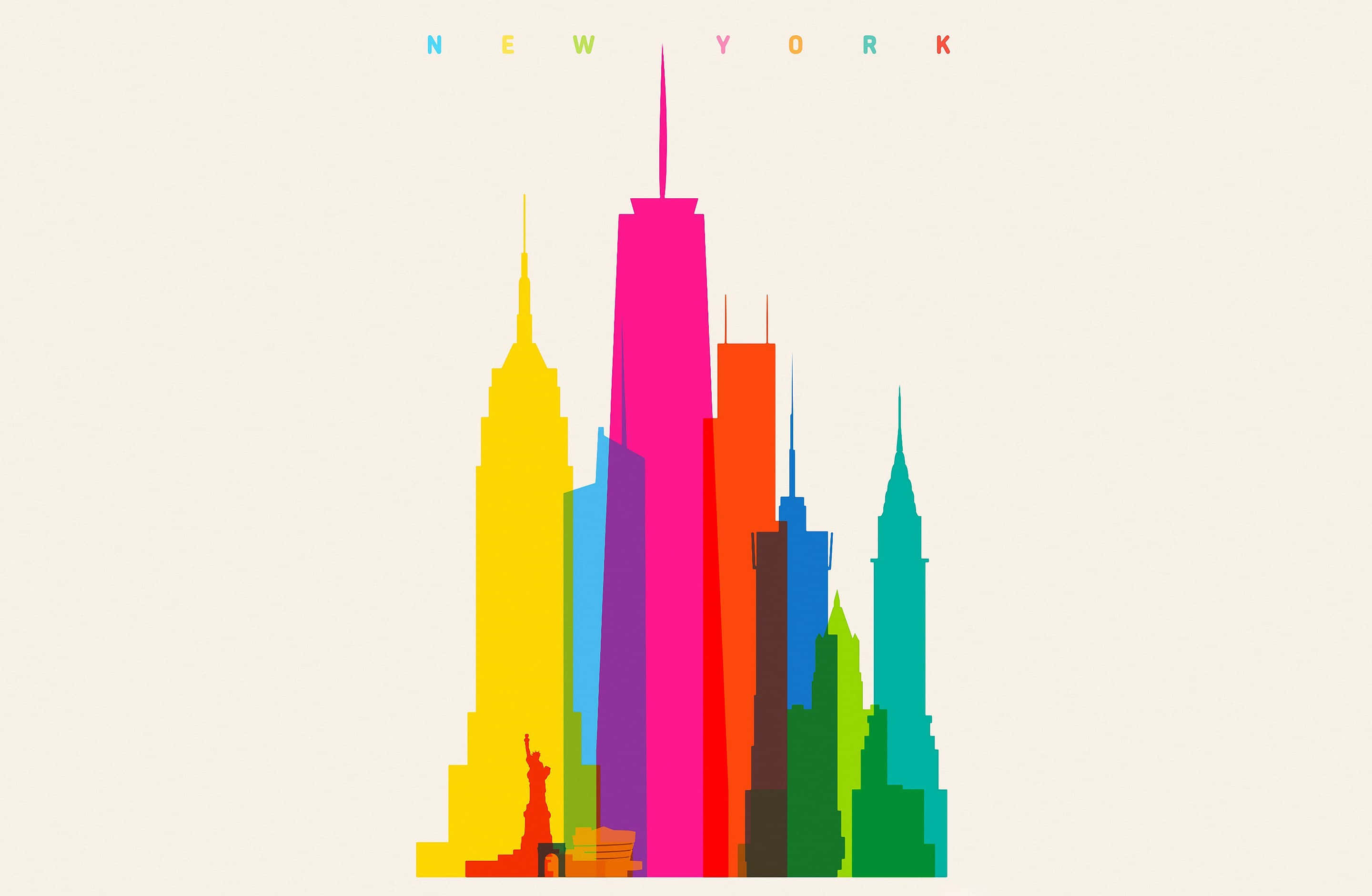 New York Art 桌布 壁紙 — 充滿活力的風格化紐約市天際線，以奶油色背景襯托出大膽彩虹色的標誌性摩天大樓。