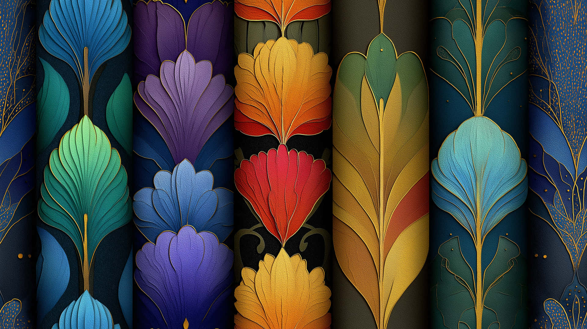 Art Nouveau Floral Columns with Ornate Gold Details 壁紙 — 充滿活力的風格化羽毛，呈現藍、紫、橙、紅和金色的漸變色調，垂直排列在深色背景上。