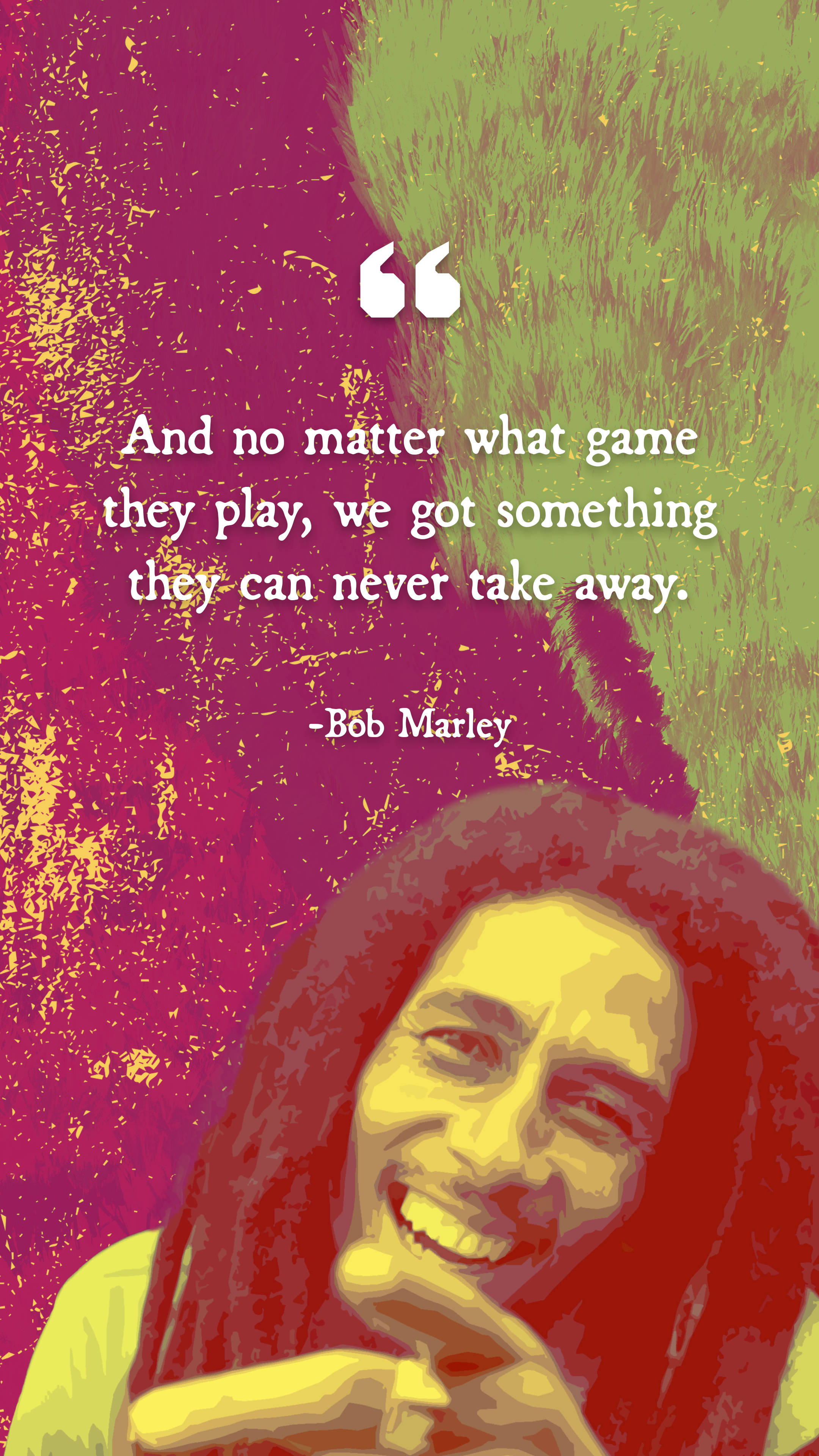 Bob Marley 桌布 壁紙 — 充滿活力的風格化肖像，Bob Marley 微笑著，帶有一句引言，背景是紋理豐富的洋紅色和綠色。