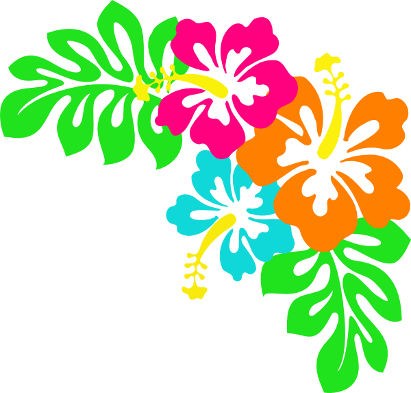 Tropical 桌布 壁紙 — 充滿活力的風格化芙蓉花，以粉紅、橙色和藍綠色呈現，搭配綠色葉子，形成一個歡快的熱帶角落設計。