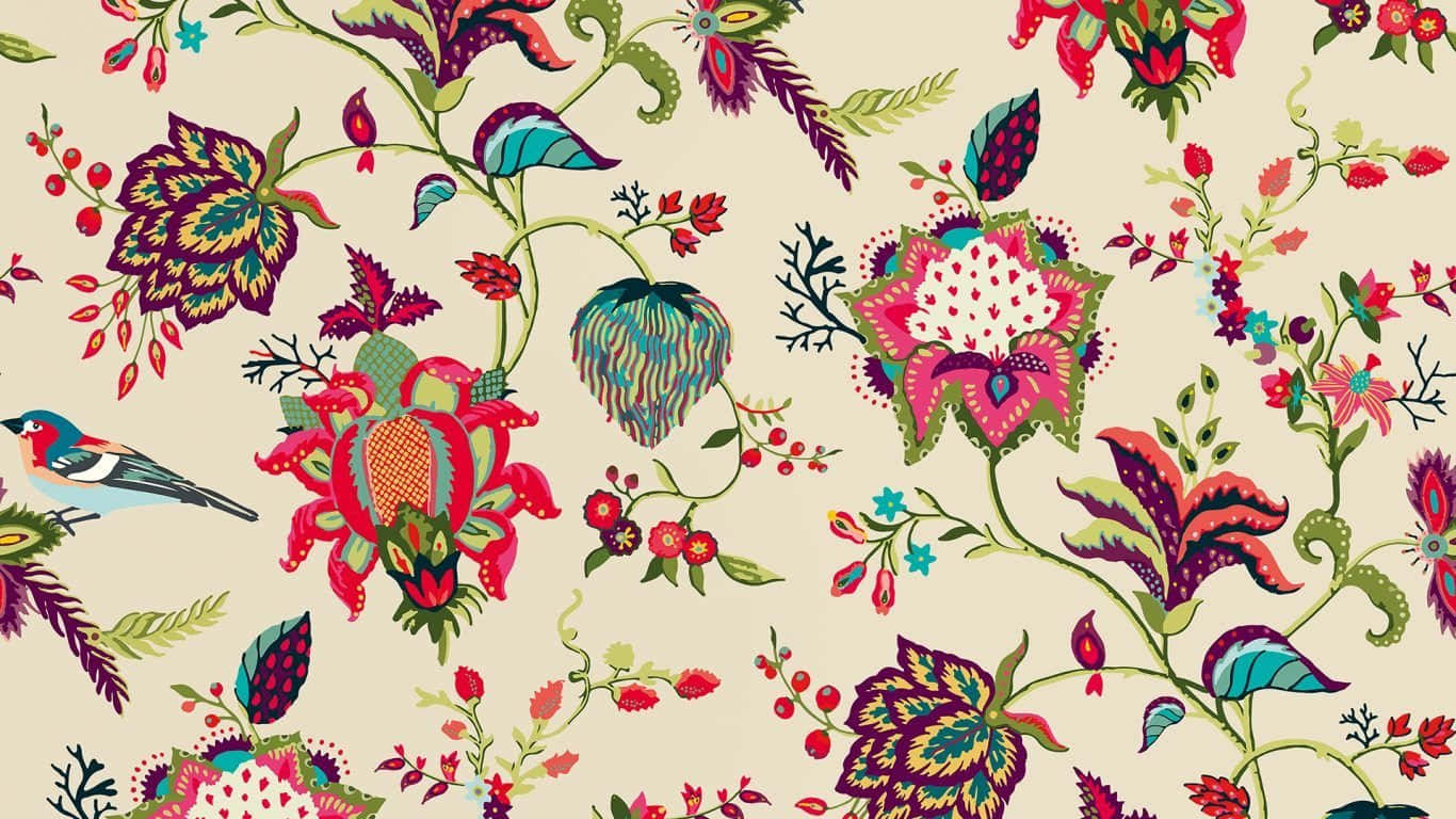 Designer Aesthetic 桌布 壁紙 — 充滿活力的風格化花卉圖案，帶有彩色鳥類和漿果，背景為奶油色。