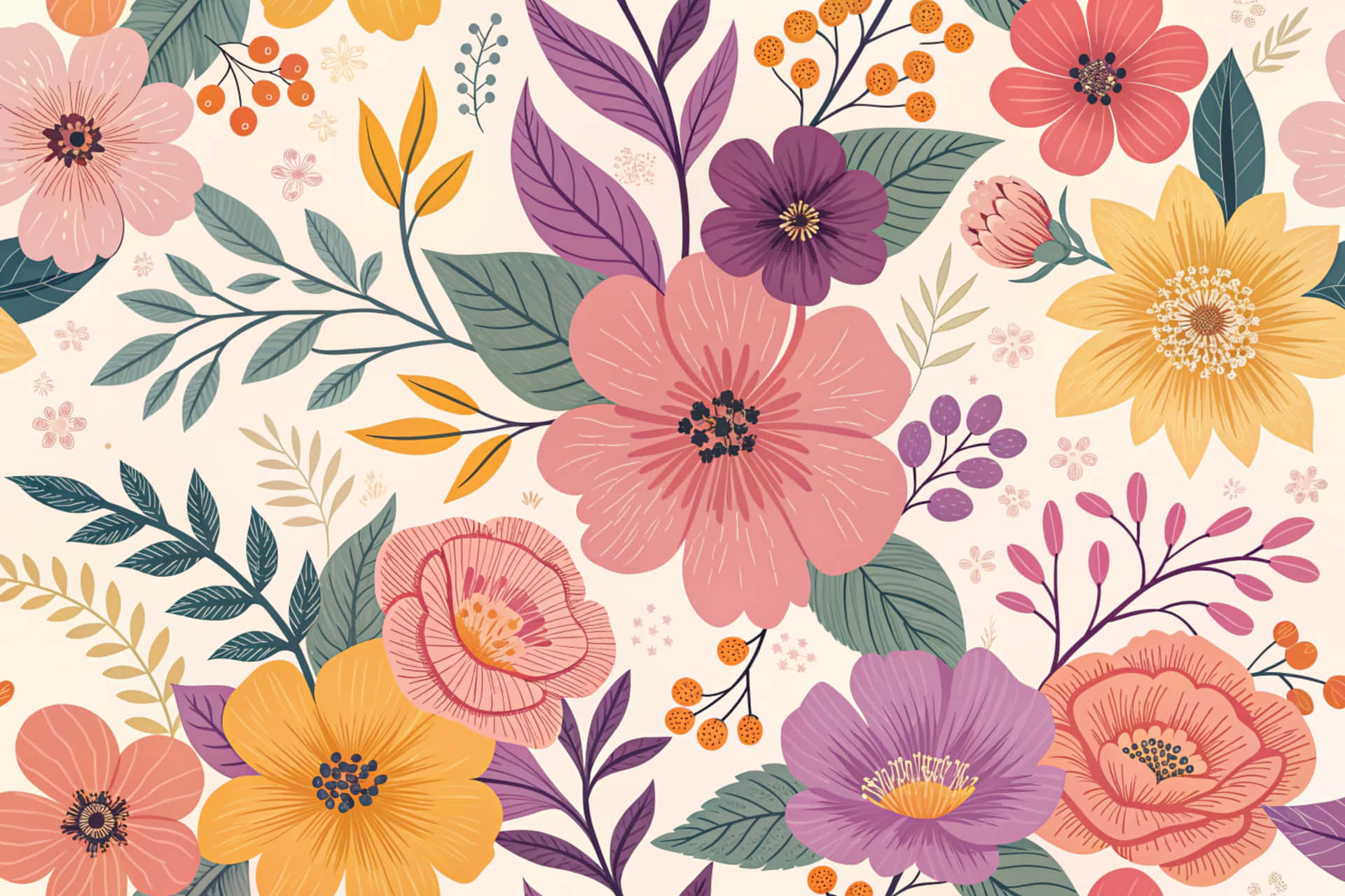 Flower pattern 壁紙 — 充滿活力的風格化花卉圖案，帶有粉紅色、黃色和紫色的花朵、綠色葉子和橙色漿果，背景為奶油色。