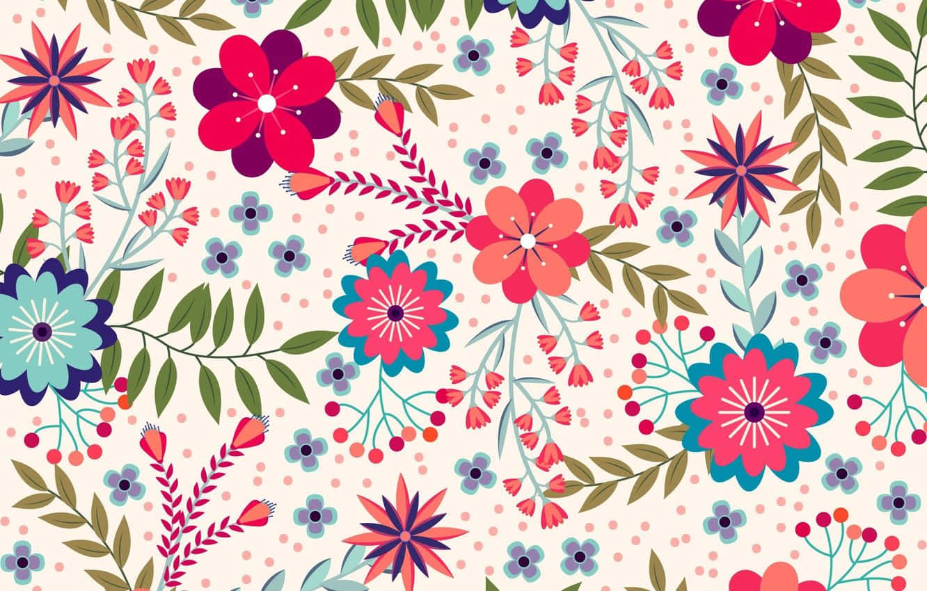 Flowers Aesthetic 桌布 壁紙 — 充滿活力的風格化花卉圖案，帶有紅色、粉紅色和藍綠色花朵、綠色葉子和點狀背景，位於奶油色畫布上。