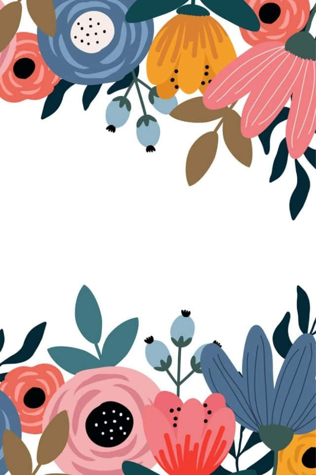 iPhone Flower 桌布 壁紙 — 充滿活力的風格化花卉邊框，以粉紅色、藍色和橙色的花朵和漿果在白色背景上框住頂部和底部。