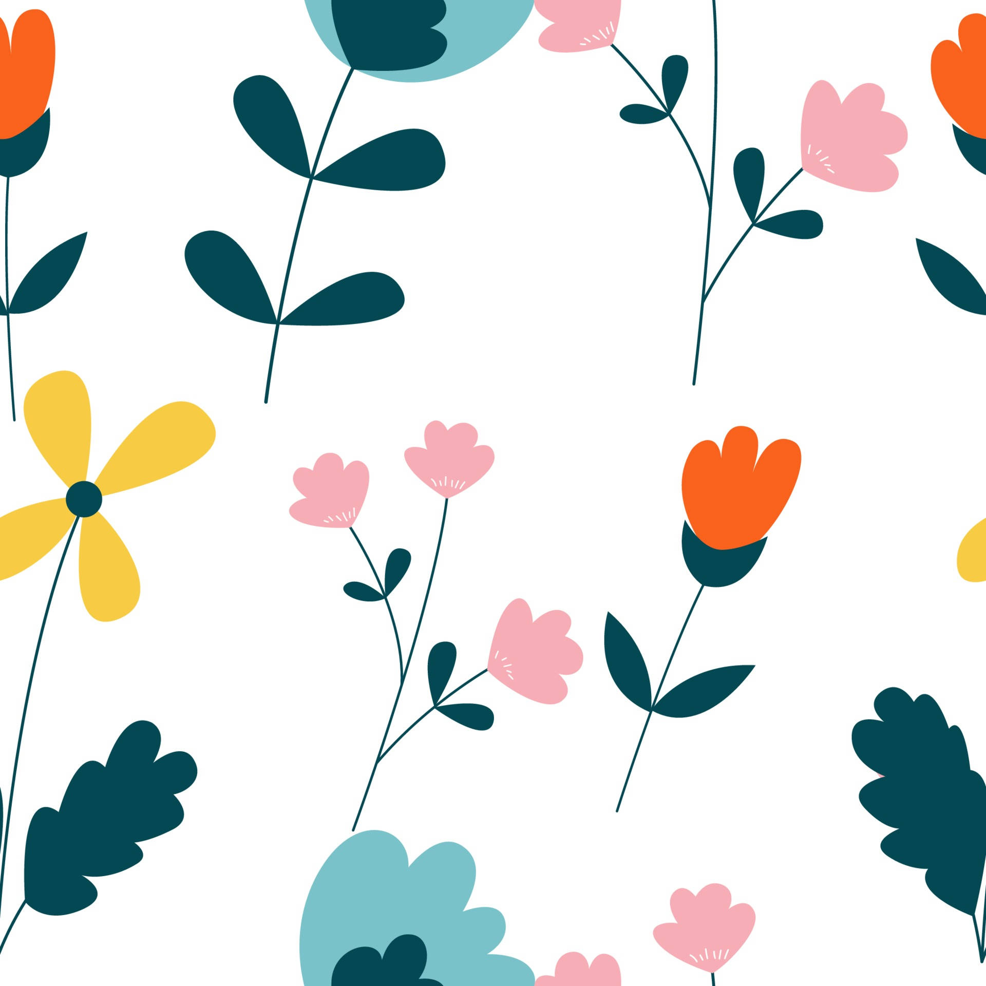 Flowers 桌布 壁紙 — 充滿活力的風格化花朵，以粉紅、橙色、黃色和青色綻放在潔淨的白色背景上。