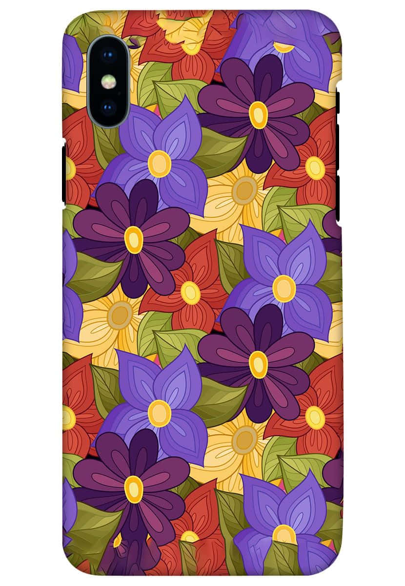 花 桌布 壁紙 — 充滿活力的風格化花朵，以紫色、紅色和黃色密集綻放在帶有綠葉的手機殼上。