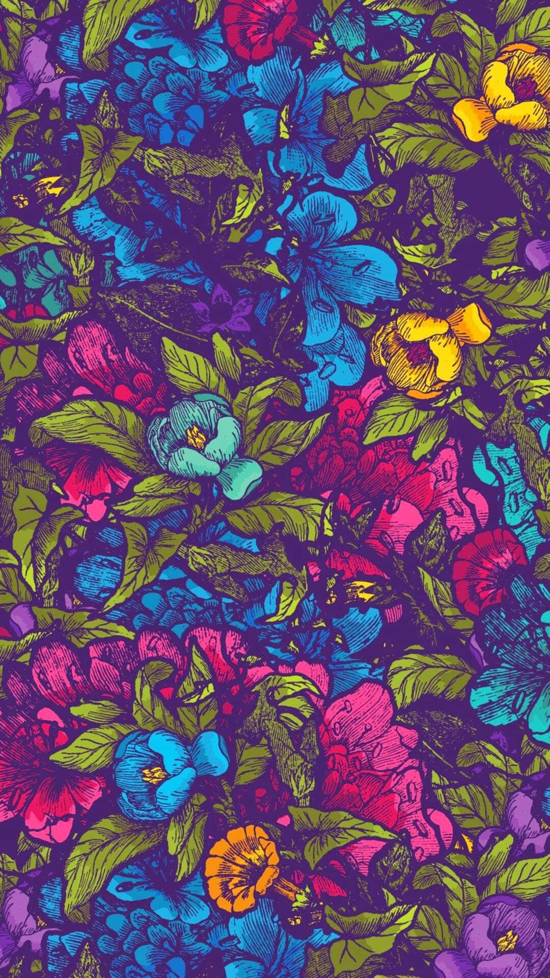 桌布 壁紙 — 充滿活力的風格化花朵，以電光藍、粉紅和黃色在深紫色背景上密集盛開。