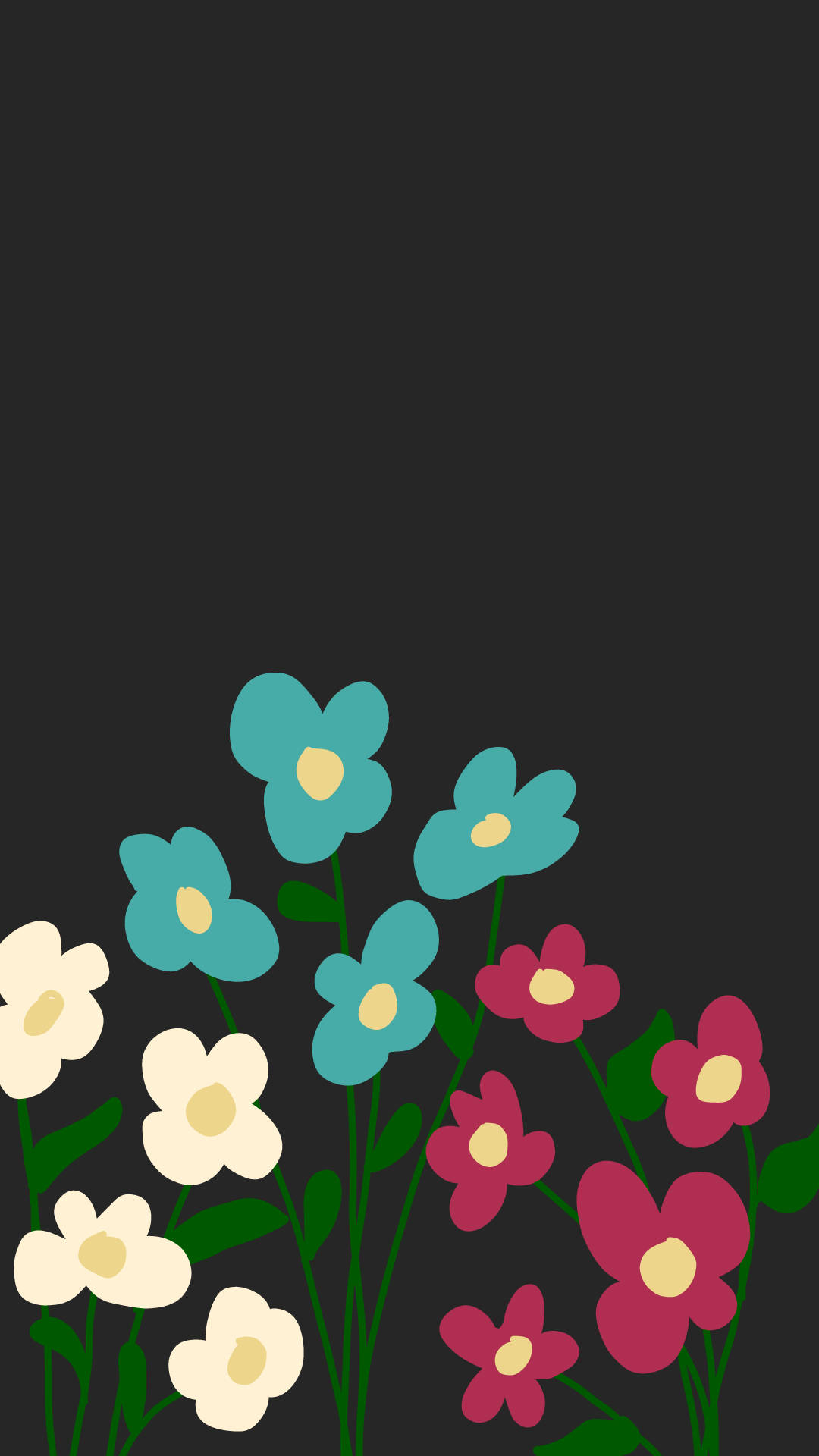 藝術 桌布 壁紙 — 充滿活力的風格化花朵，以青綠色、粉紅色和奶油色在深炭灰色背景上綻放。