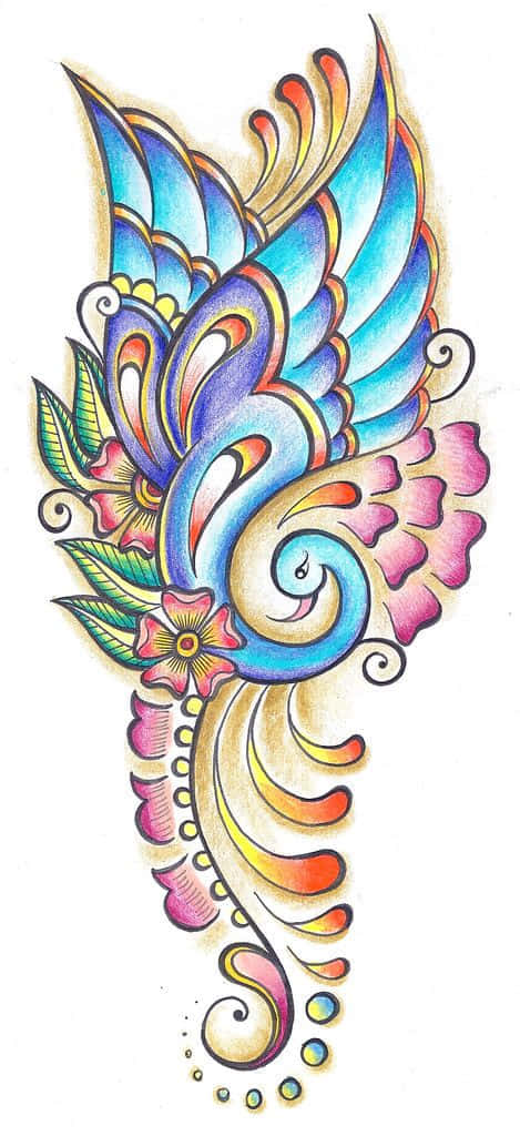 色彩繽紛的華麗蝴蝶插圖，帶有旋轉翅膀和花卉元素。 — 曼陀羅 GIF 壁紙