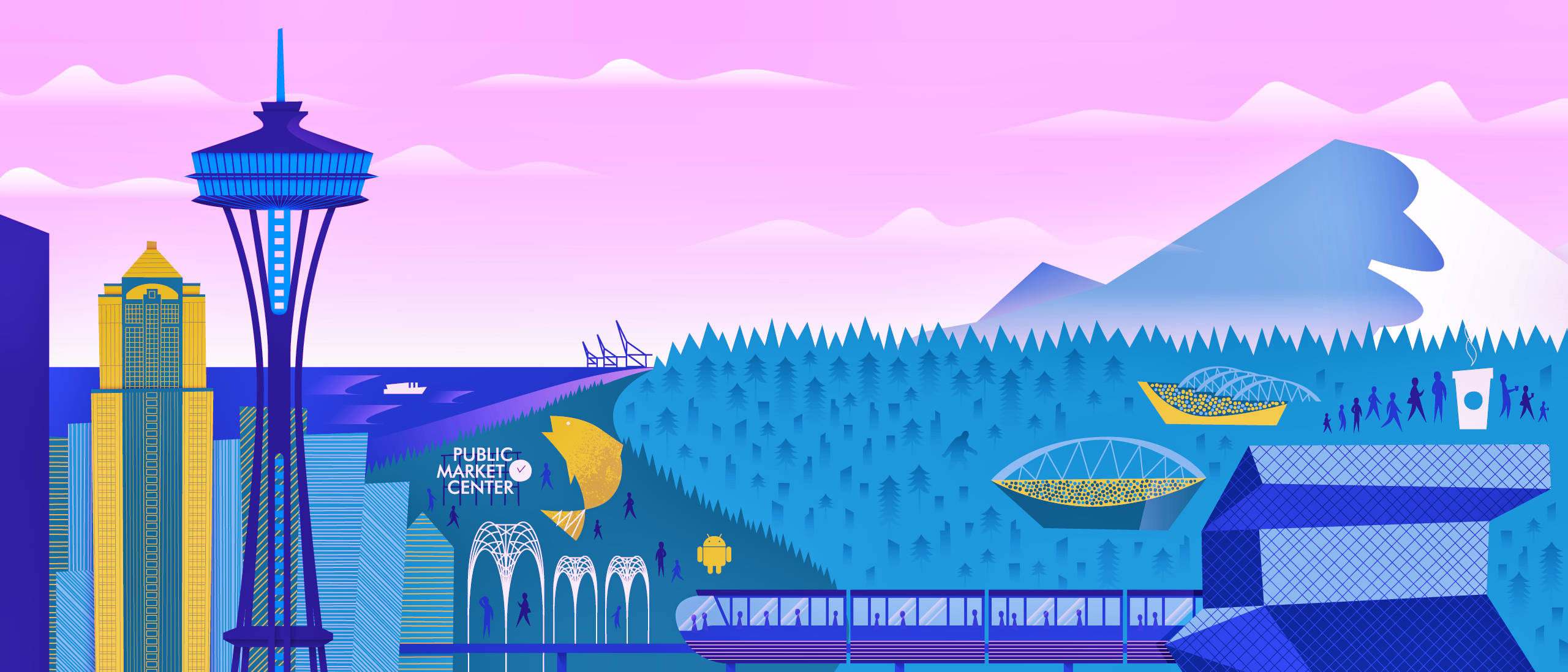 Seattle 桌布 壁紙 — 充滿活力的風格化西雅圖天際線，包含太空針塔和山脈，背景為粉紅色天空。