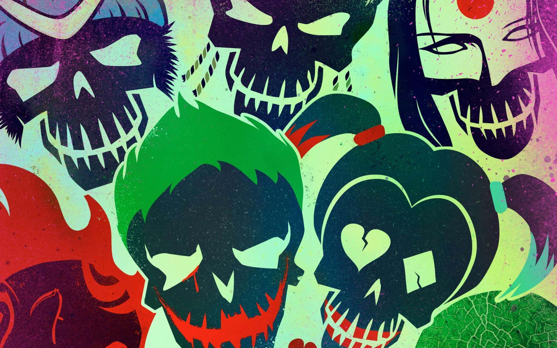 The Suicide Squad 桌布 壁紙 — 充滿活力的風格化頭骨，帶有鋸齒狀牙齒和富有表現力的眼睛，以鮮豔色彩呈現在紋理背景上。