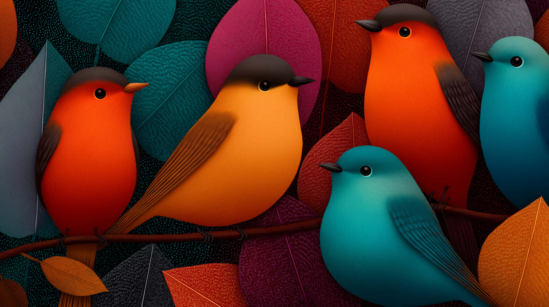 Charming Stylized Birds and Leaves Abstract Illustration 壁紙 — 充滿活力的風格化鳥類，以橙色、藍綠色和藍色為主，棲息在枝頭上，周圍是帶有紋理的多色葉子。
