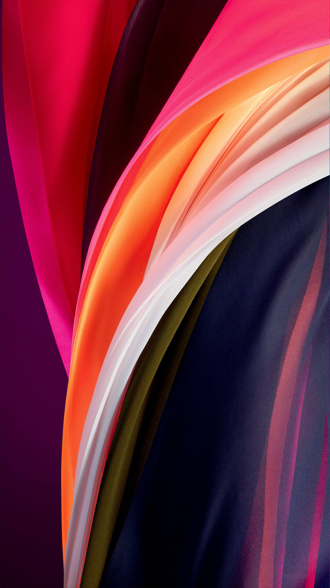 Pink iPhone Xr 桌布 壁紙 — 充滿活力的飄逸布料絲帶，以洋紅色、橙色和海軍藍色呈現，營造出具有柔和褶皺和豐富色彩漸變的動態抽象構圖。