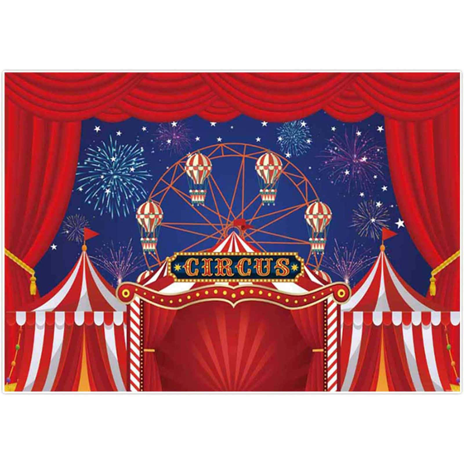 Circus 桌布 壁紙 — 充滿活力的馬戲團場景，以紅色窗簾為框，搭配條紋帳篷、煙火和熱氣球，在星空下。