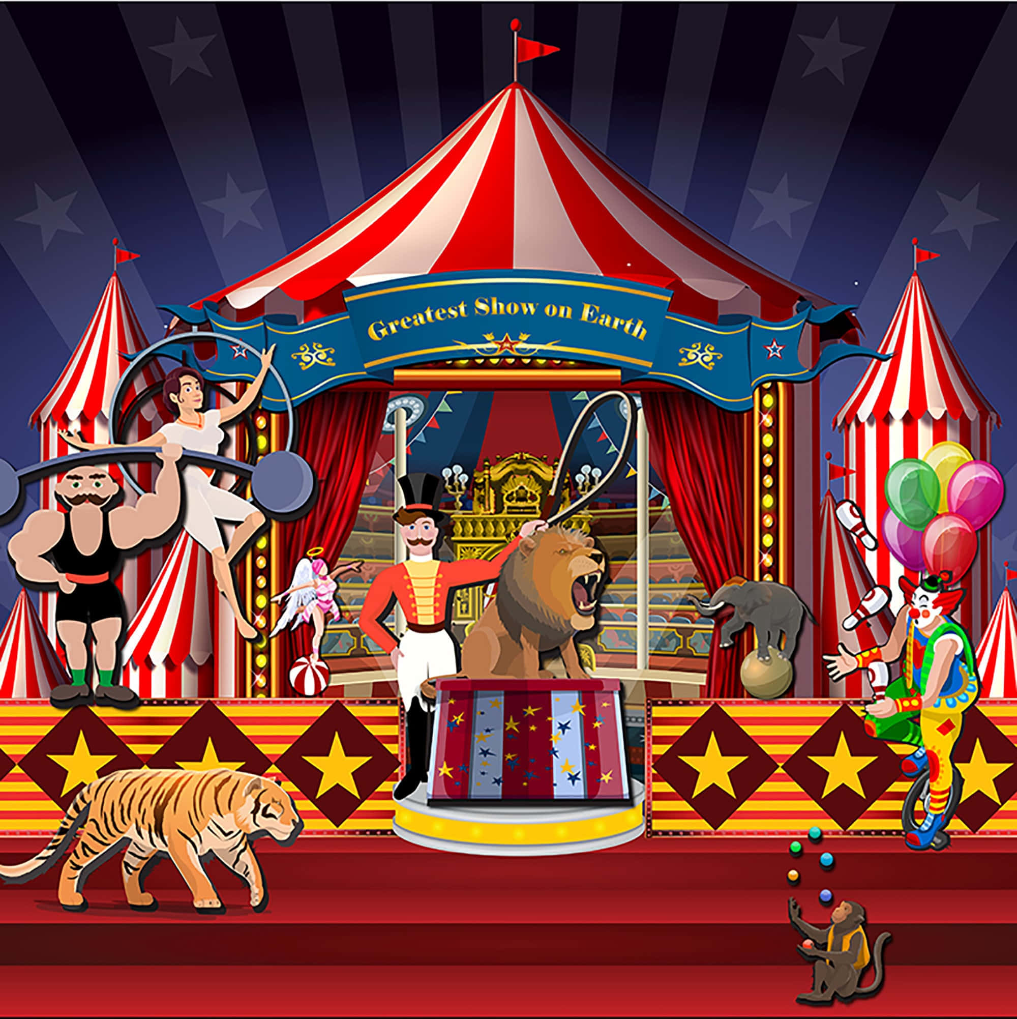 Circus 桌布 壁紙 — 充滿活力的馬戲團場景，有條紋帳篷、大力士、雜技演員、馴獅師、小丑和老虎，在星空下。