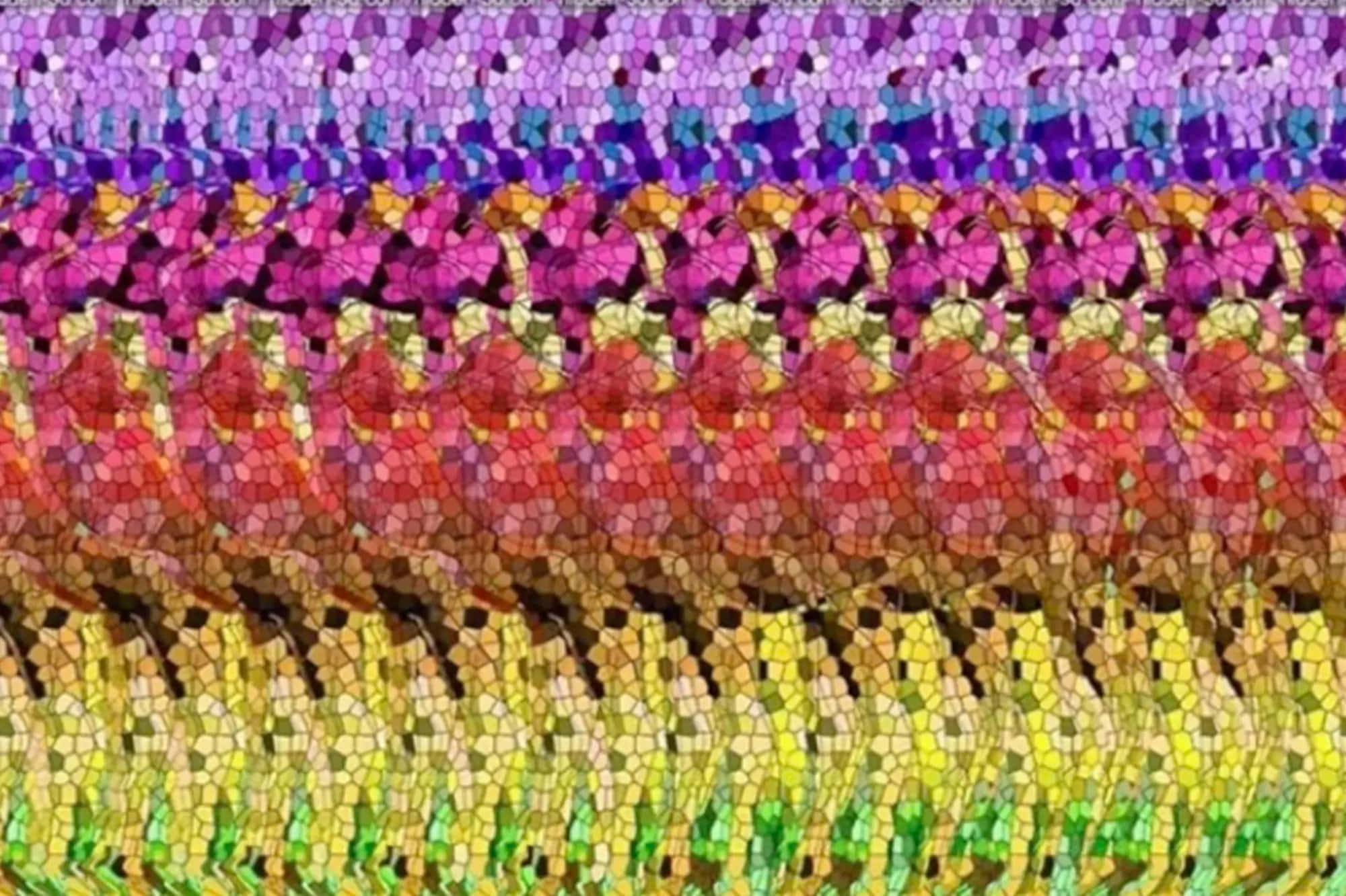 Hidden 3d 桌布 壁紙 — 充滿活力的馬賽克圖案，由紫色、粉紅色、紅色和黃色漸變的分層幾何形狀組成。
