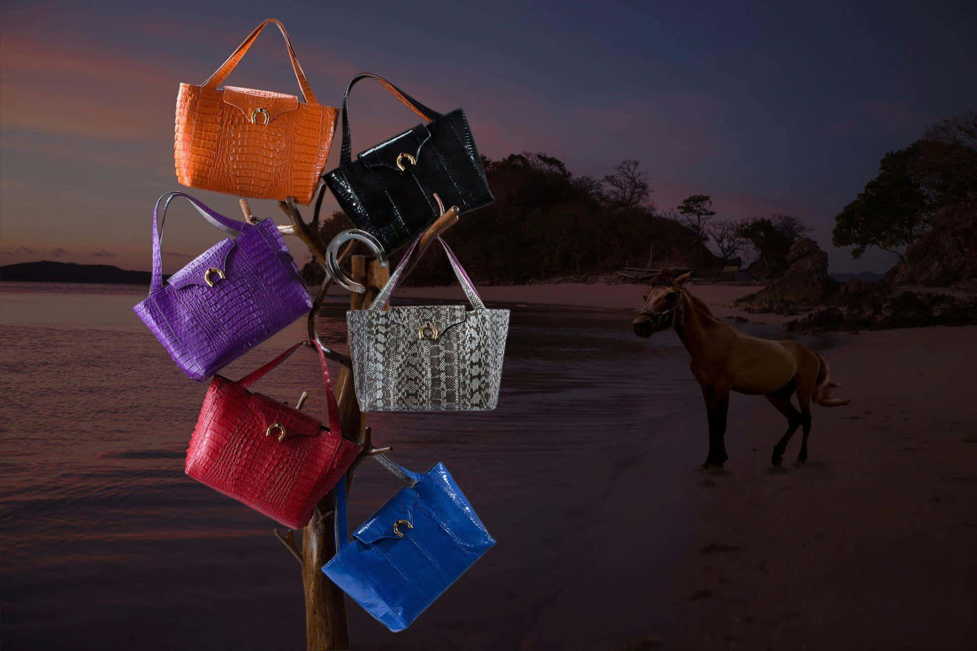Beach Bag 桌布 壁紙 — 充滿活力的鱷魚紋理手提包掛在黃昏海灘的樹上，一匹孤獨的馬站在附近。