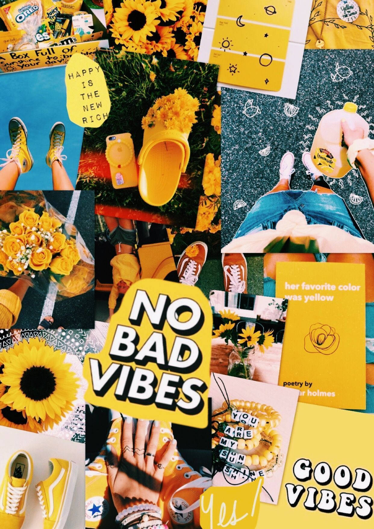 positive vibes 桌布 壁紙 — 充滿活力的黃色主題拼貼畫，以向日葵、運動鞋和勵志名言為特色，散發出歡快的正能量。